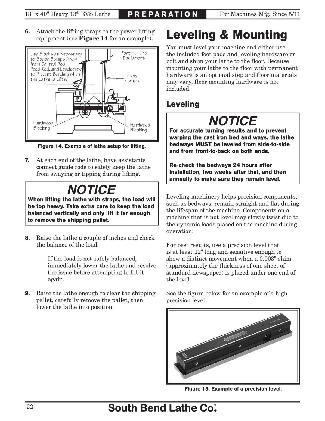 Southbend SB1051 owner manual Leveling & Mounting 