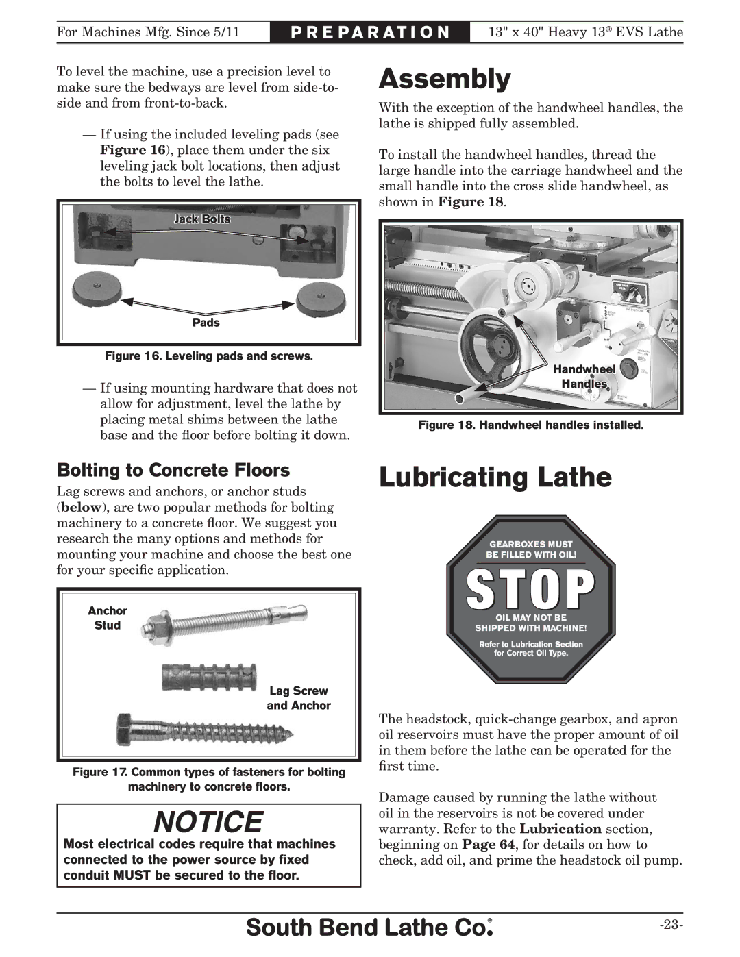 Southbend SB1051 owner manual Assembly, Lubricating Lathe, Bolting to Concrete Floors 