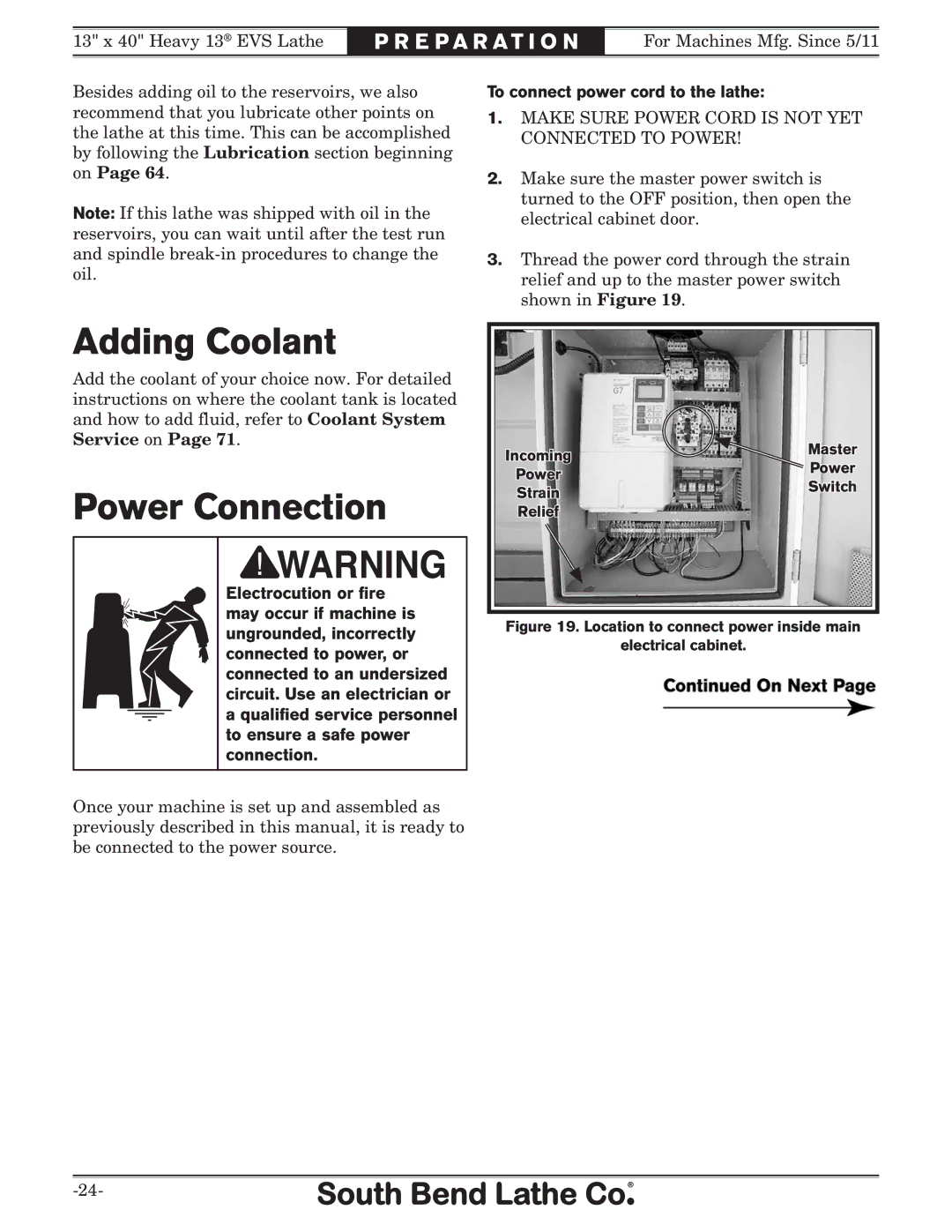 Southbend SB1051 owner manual Adding Coolant, Power Connection, To connect power cord to the lathe 