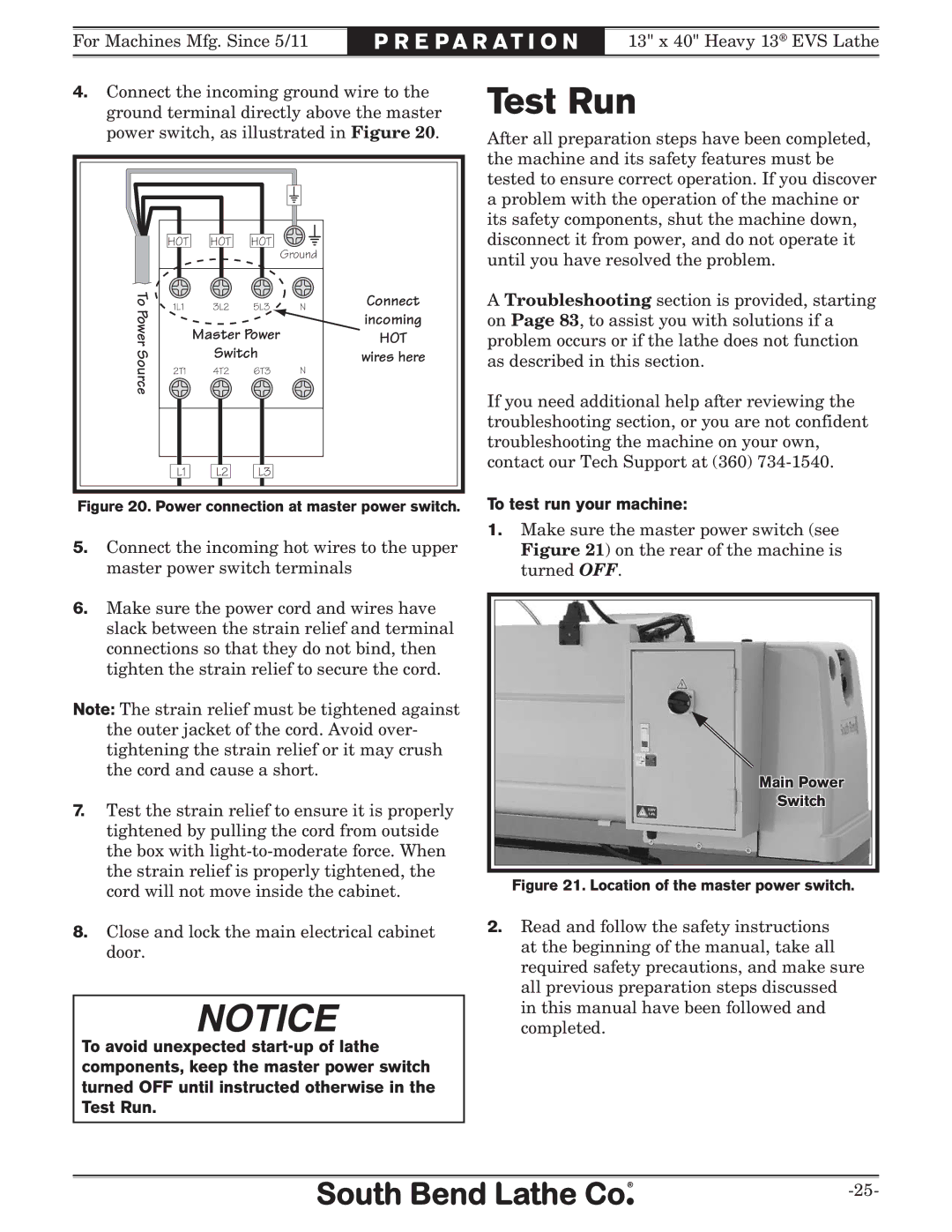 Southbend SB1051 owner manual Test Run, To test run your machine 