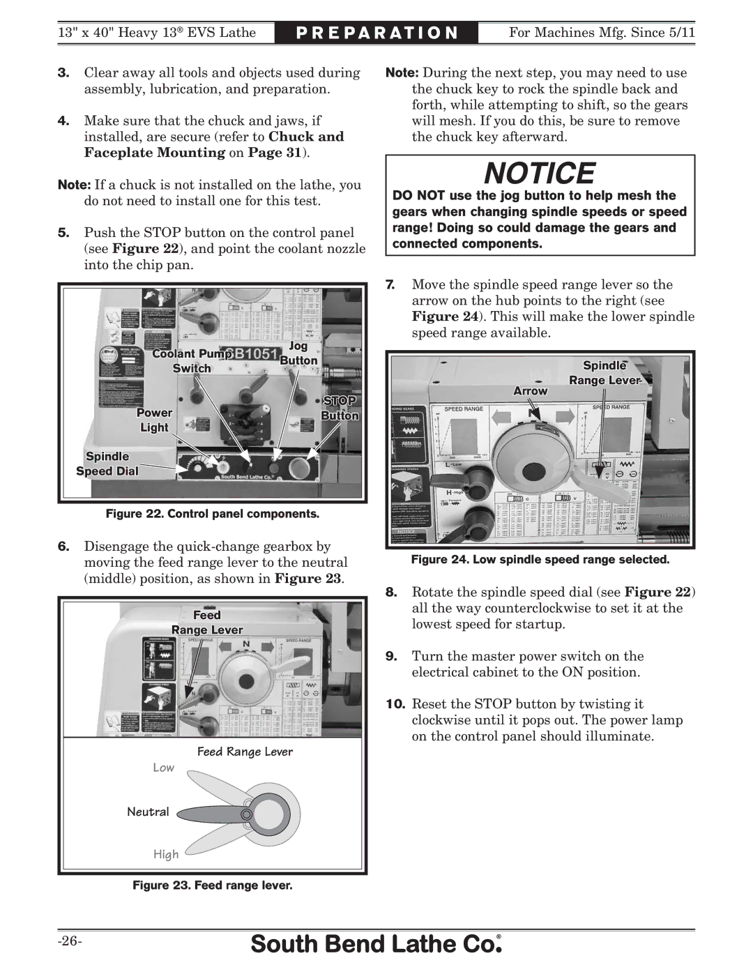 Southbend SB1051 owner manual Feed Range Lever, Neutral 
