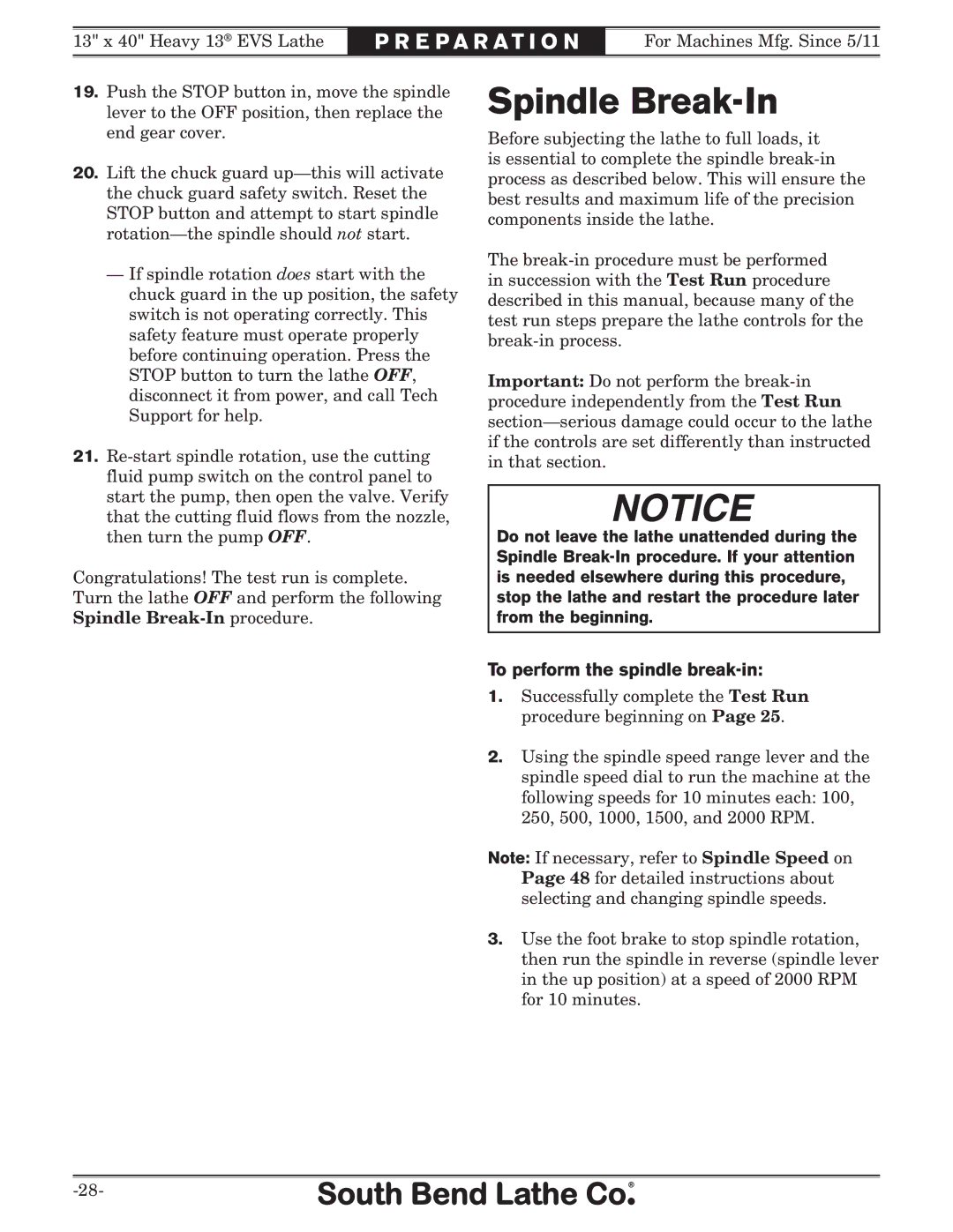 Southbend SB1051 owner manual Spindle Break-In, To perform the spindle break-in 