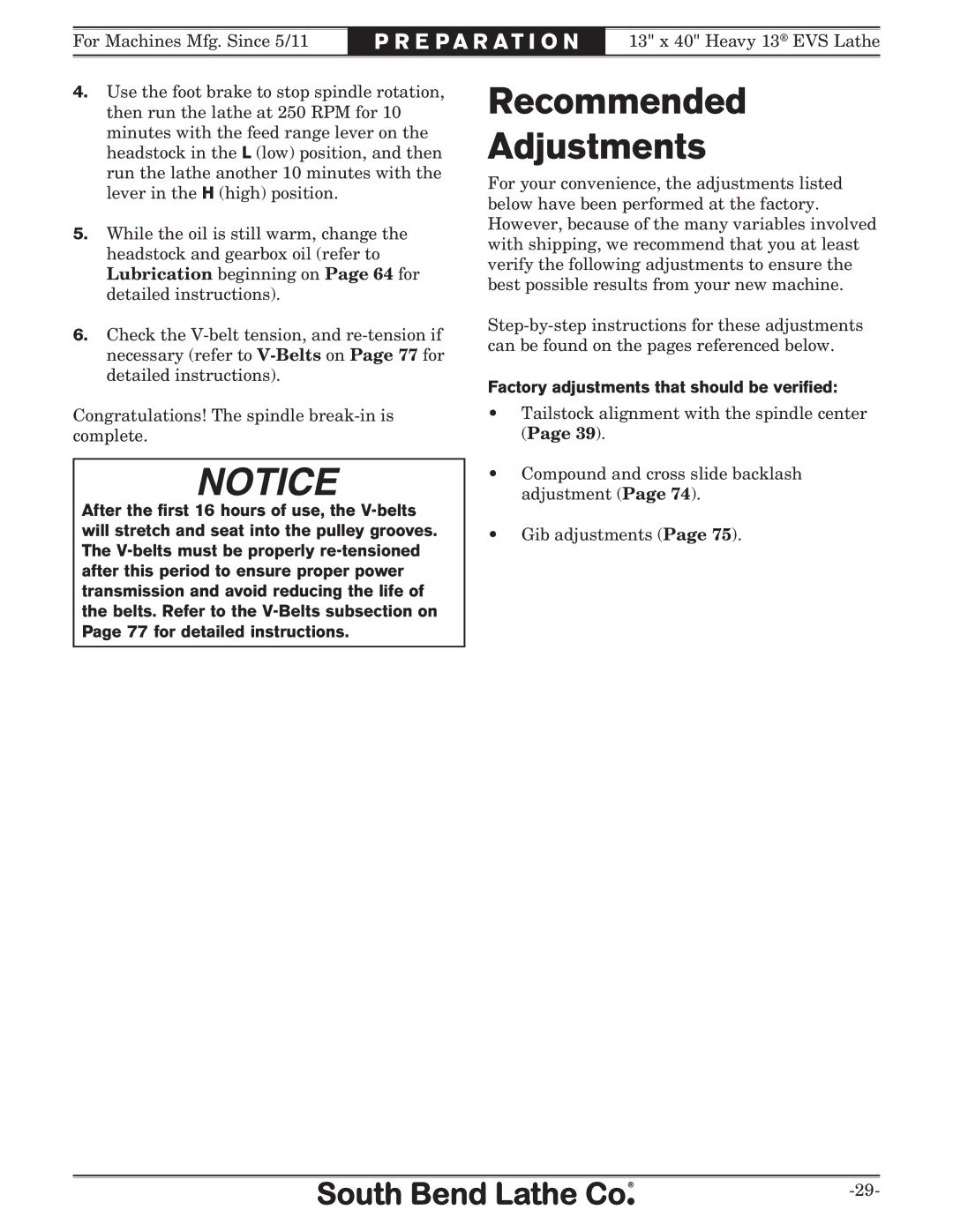 Southbend SB1051 owner manual Recommended Adjustments, Factory adjustments that should be veriﬁed 