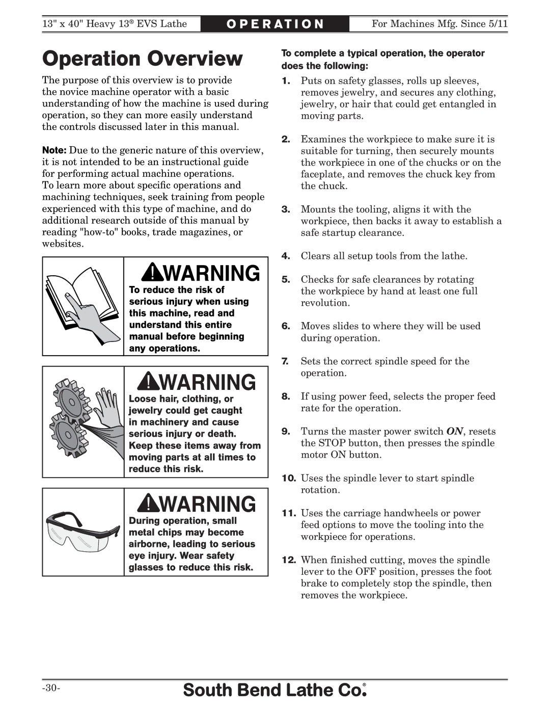 Southbend SB1051 owner manual Operation Overview 