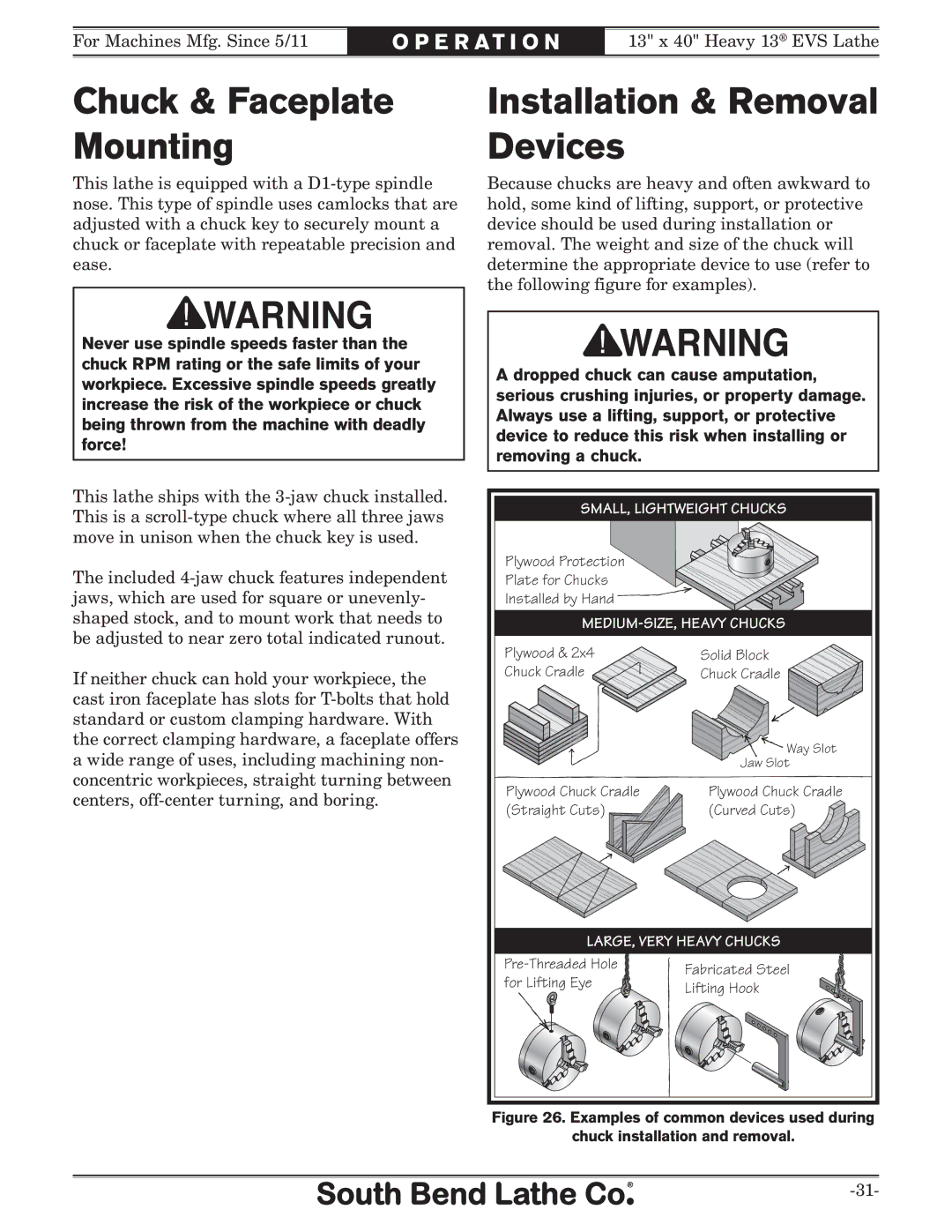 Southbend SB1051 owner manual Installation & Removal Devices, Chuck & Faceplate Mounting 