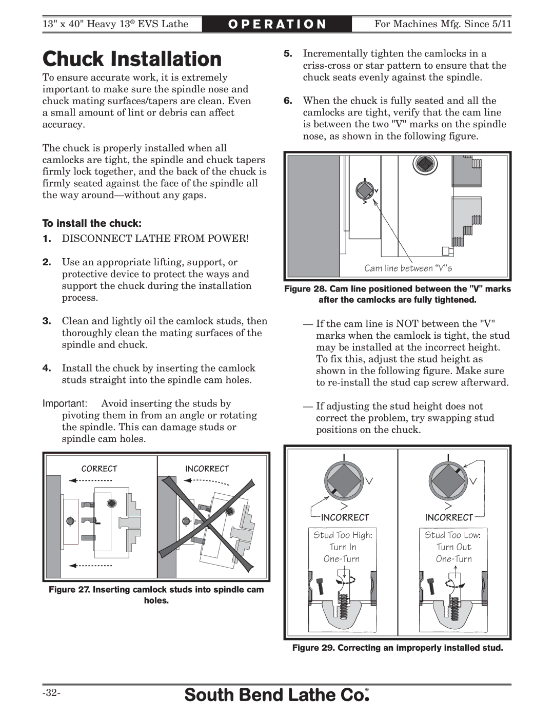 Southbend SB1051 owner manual Chuck Installation, To install the chuck 