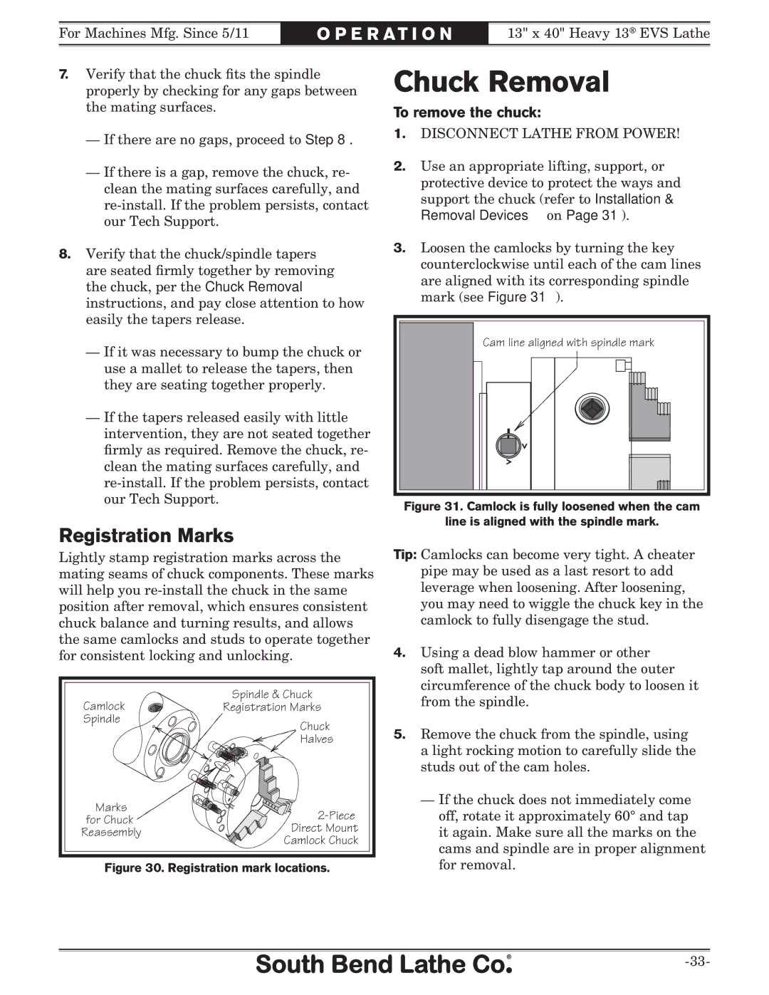 Southbend SB1051 owner manual Chuck Removal, Registration Marks, To remove the chuck 