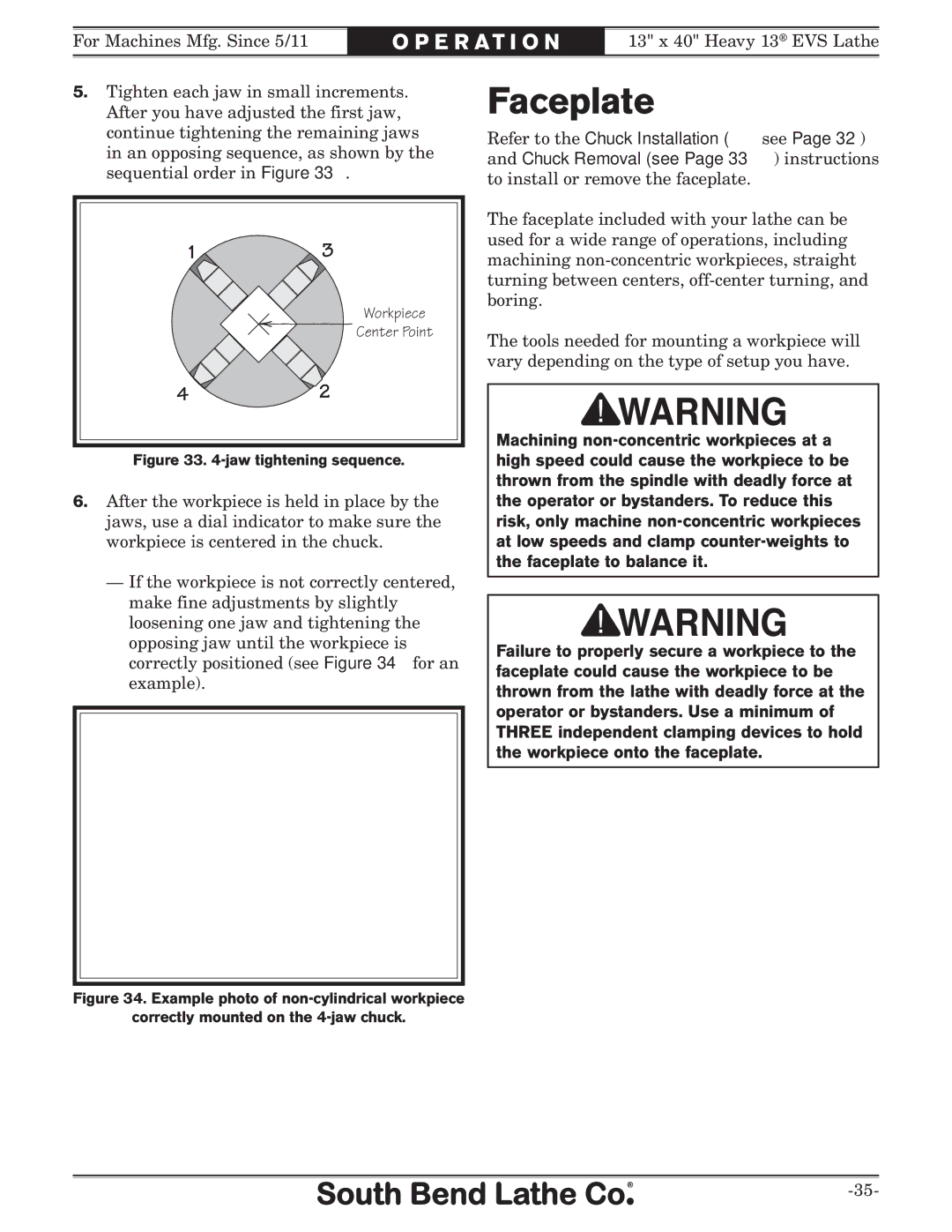 Southbend SB1051 owner manual Faceplate, Jaw tightening sequence 