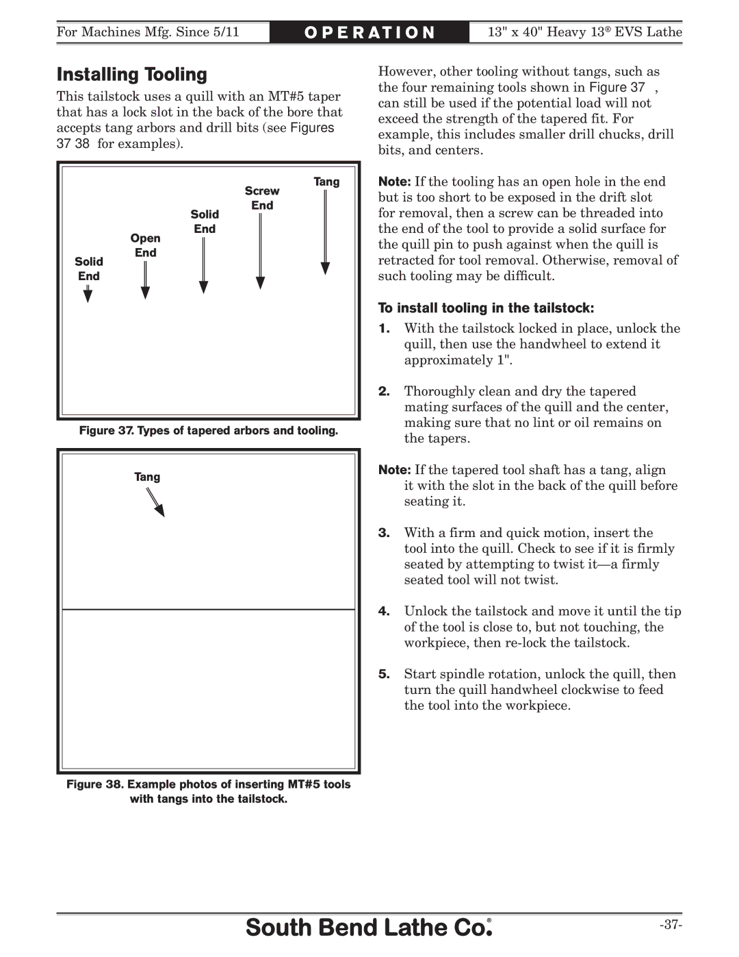 Southbend SB1051 owner manual Installing Tooling, To install tooling in the tailstock 