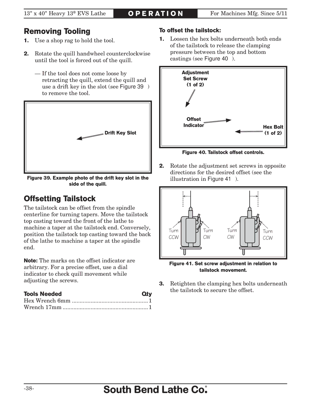 Southbend SB1051 owner manual Removing Tooling, Offsetting Tailstock, To offset the tailstock, Tools Needed Qty 