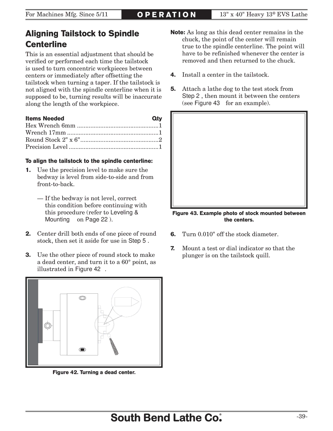 Southbend SB1051 owner manual Aligning Tailstock to Spindle Centerline, Items Needed Qty 