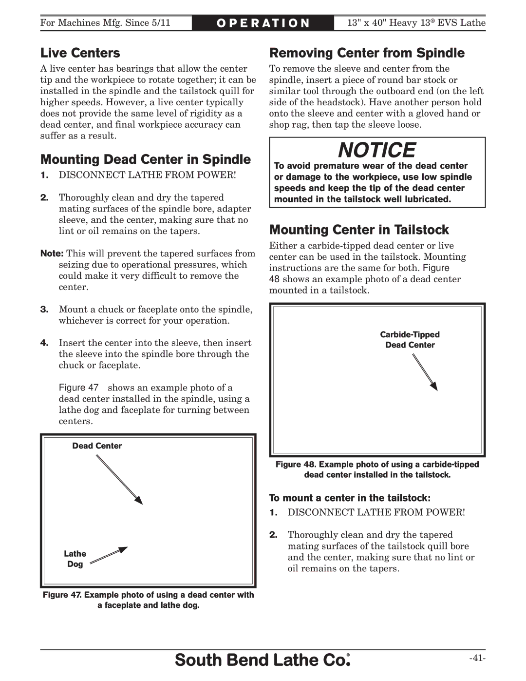 Southbend SB1051 Live Centers, Mounting Dead Center in Spindle, Removing Center from Spindle, Mounting Center in Tailstock 