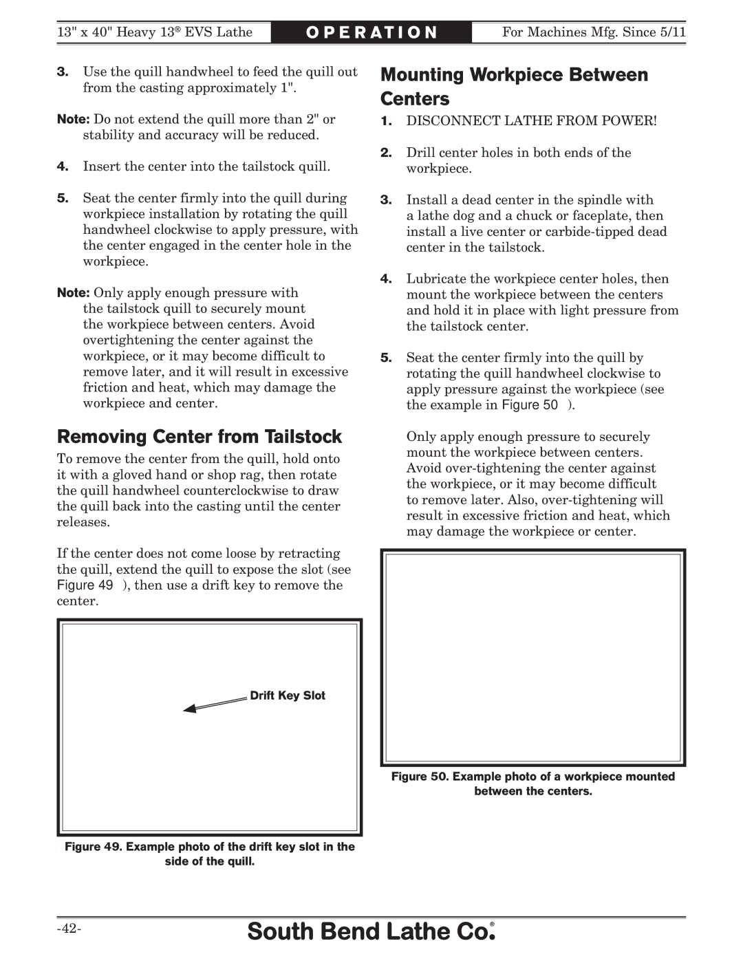Southbend SB1051 owner manual Removing Center from Tailstock, Mounting Workpiece Between Centers 