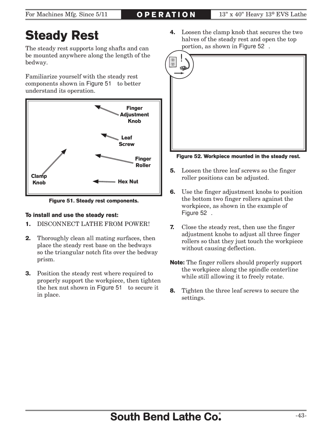 Southbend SB1051 owner manual Steady Rest, To install and use the steady rest 