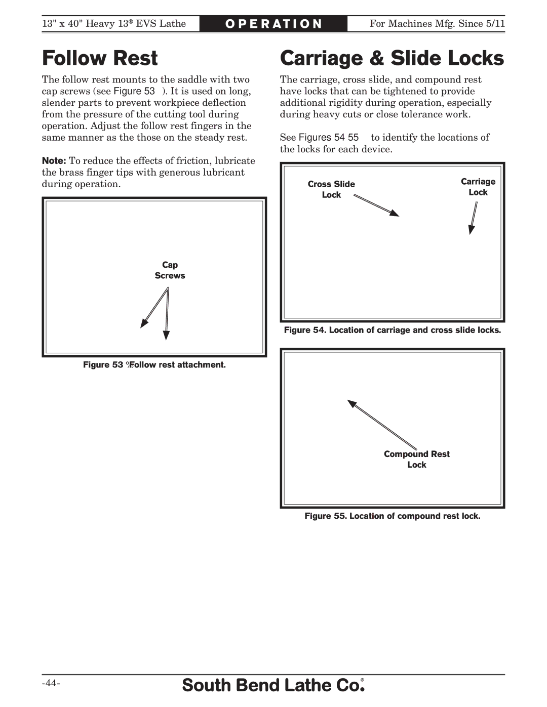 Southbend SB1051 owner manual Follow Rest, Carriage & Slide Locks 