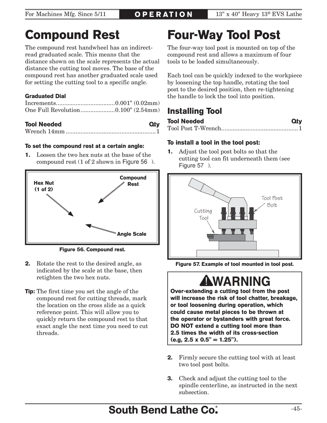 Southbend SB1051 Compound Rest, Four-Way Tool Post, Installing Tool, Tool Needed Qty, To install a tool in the tool post 