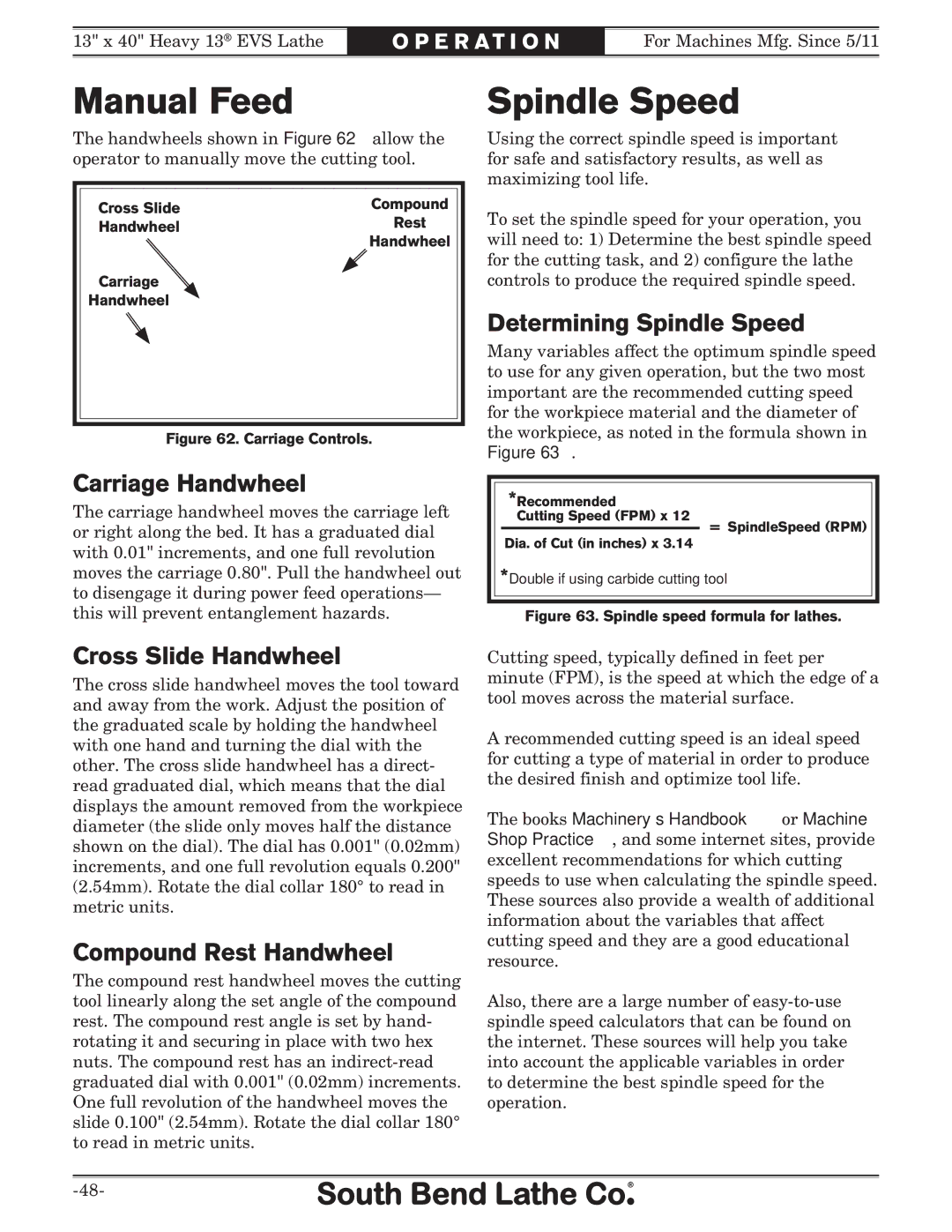 Southbend SB1051 owner manual Manual Feed, Spindle Speed 