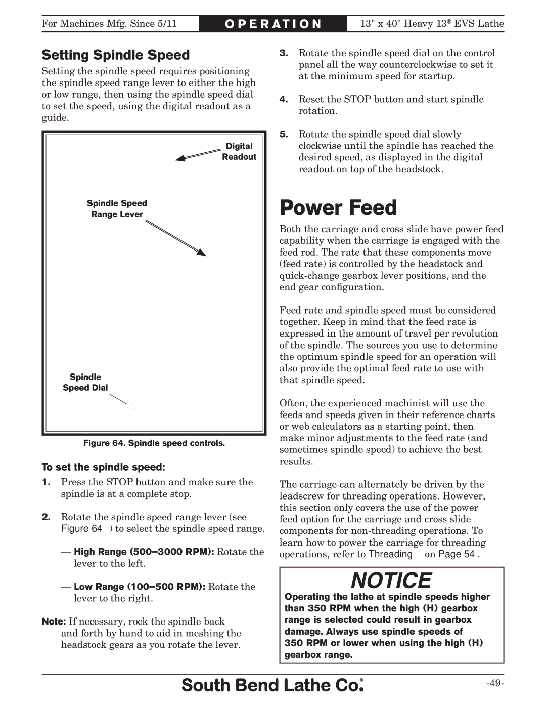 Southbend SB1051 owner manual Power Feed, Setting Spindle Speed, To set the spindle speed 