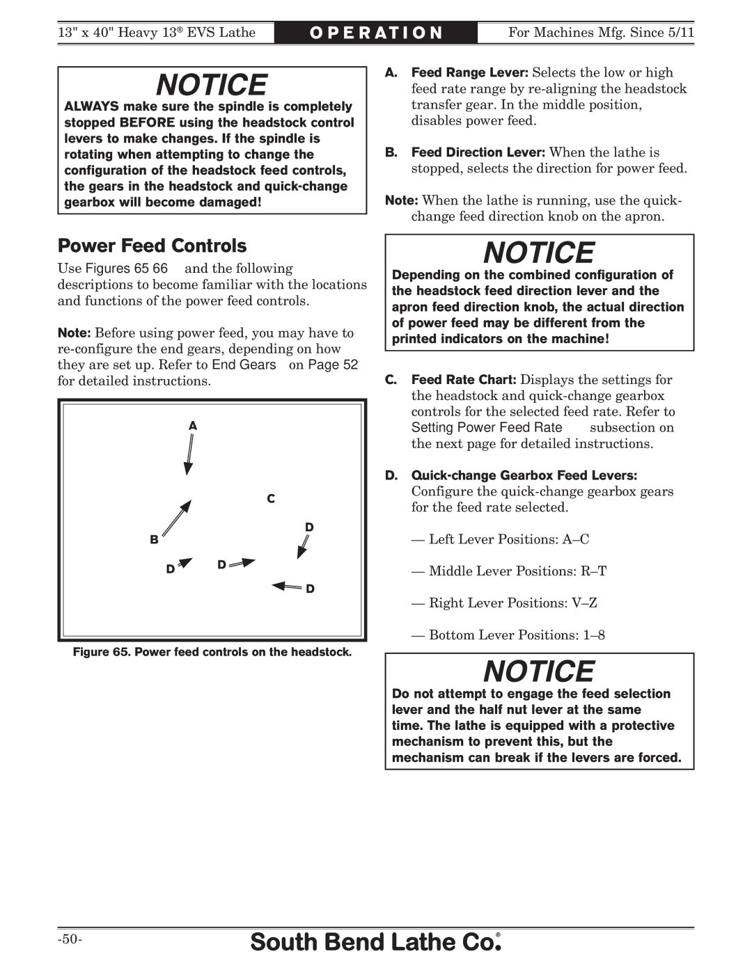 Southbend SB1051 owner manual Power Feed Controls, Quick-change Gearbox Feed Levers 