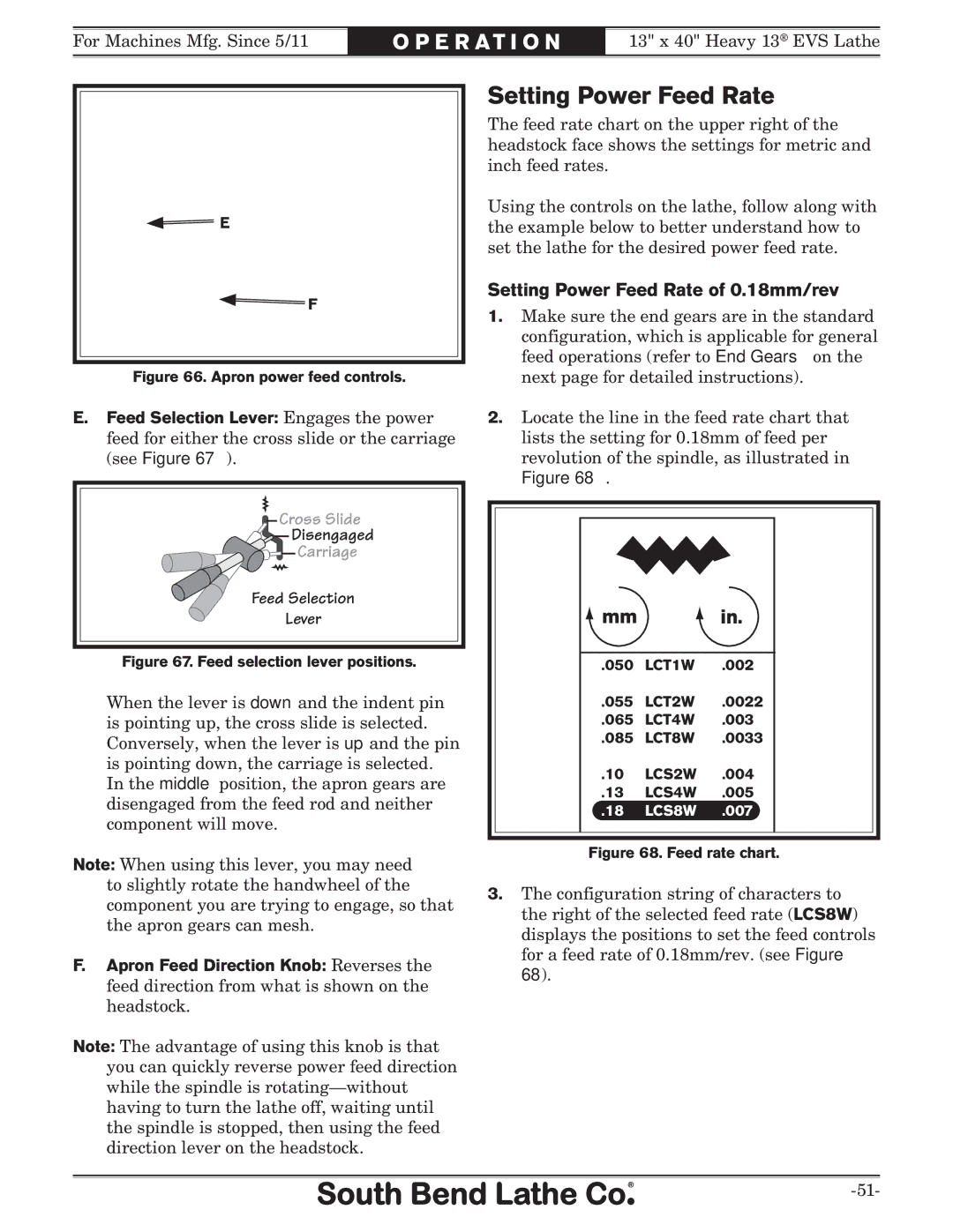 Southbend SB1051 owner manual Setting Power Feed Rate of 0.18mm/rev, Feed Selection Lever 