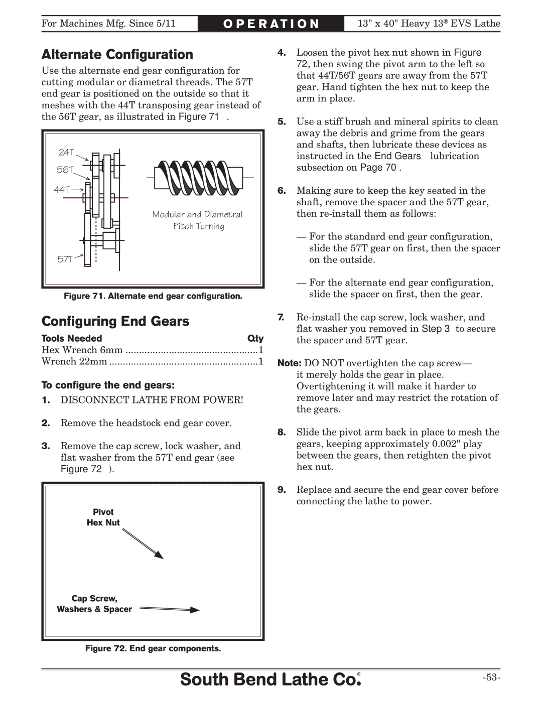 Southbend SB1051 owner manual Alternate Conﬁguration, Conﬁguring End Gears, To conﬁgure the end gears, Tools Needed Qty 