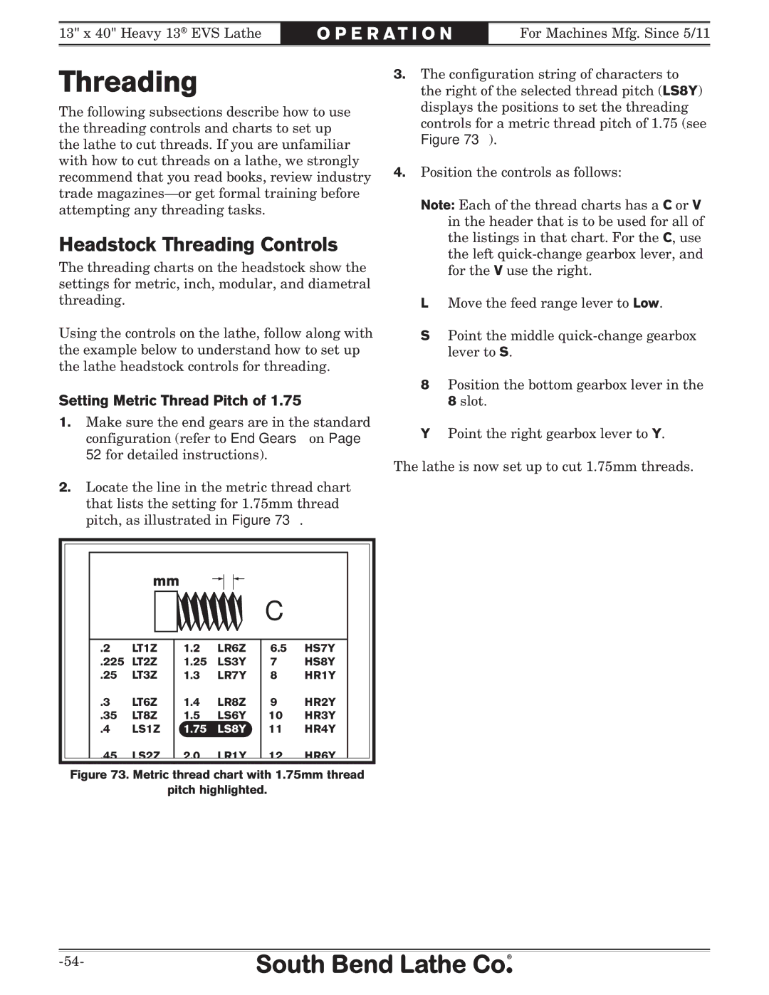 Southbend SB1051 owner manual Headstock Threading Controls, Setting Metric Thread Pitch 