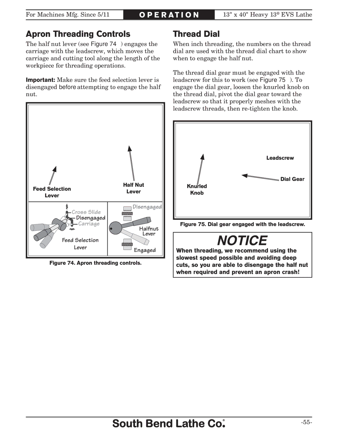 Southbend SB1051 owner manual Apron Threading Controls, Thread Dial, Halfnut Lever Engaged 