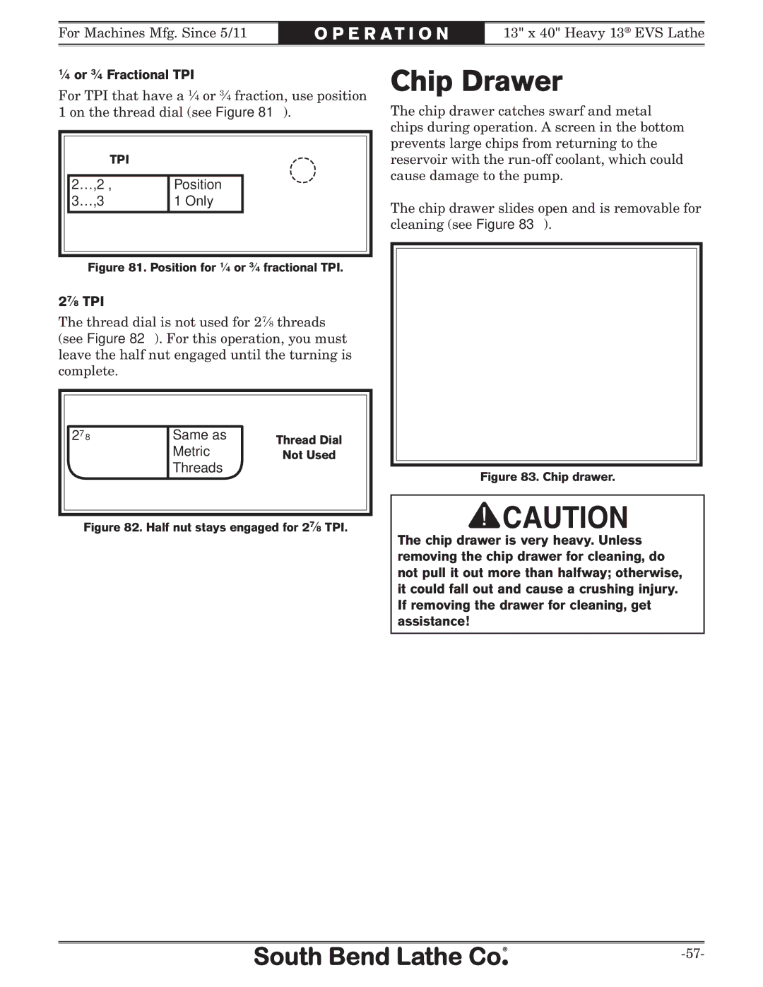 Southbend SB1051 owner manual Chip Drawer, ⁄4 or 3⁄4 Fractional TPI, 27⁄8 TPI 