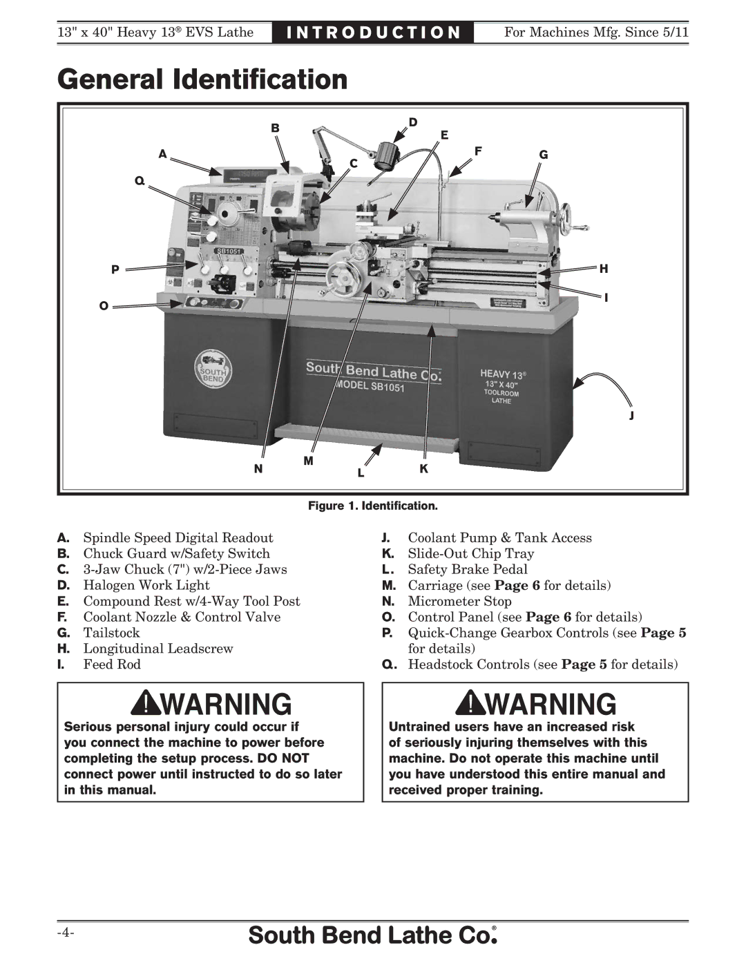 Southbend SB1051 owner manual General Identiﬁcation, Identification 