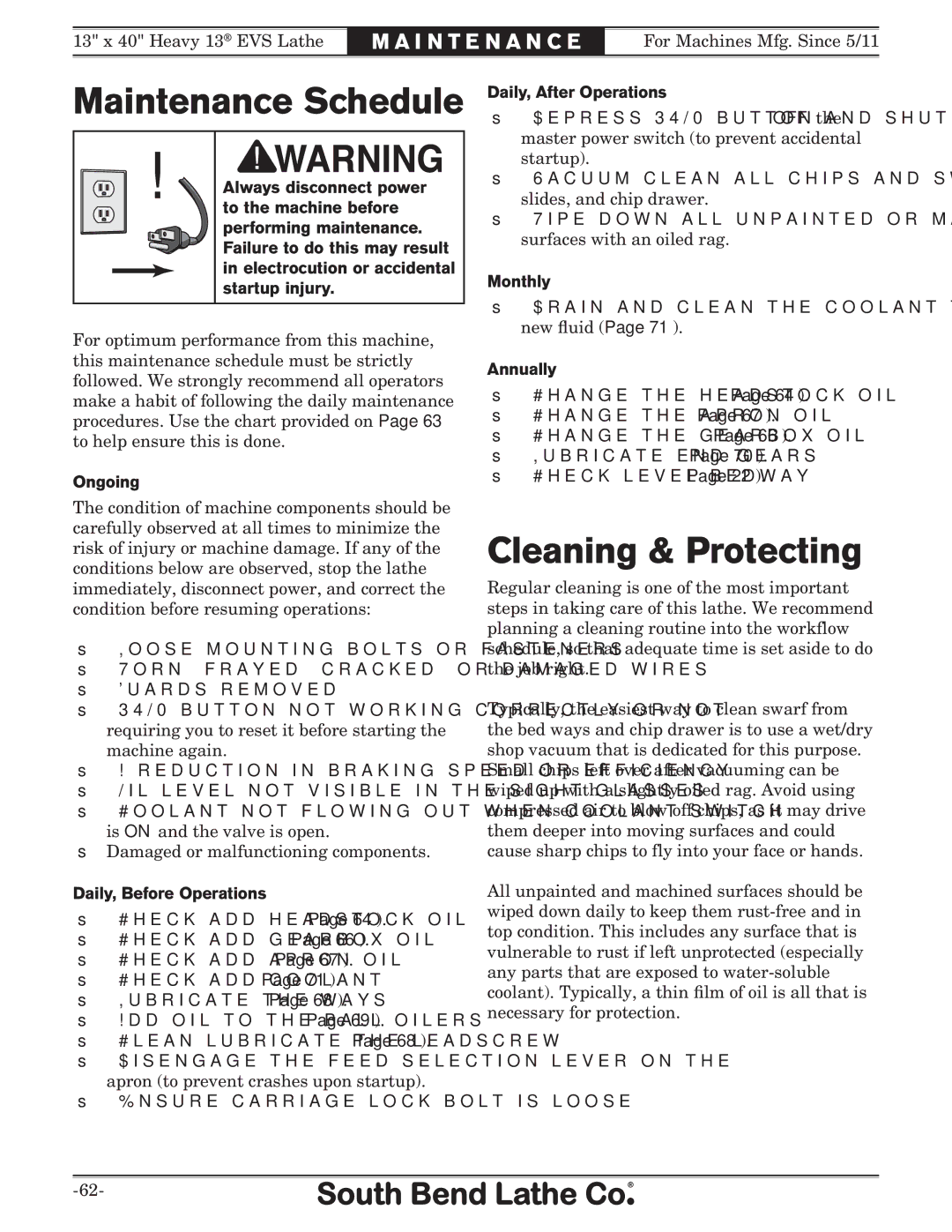 Southbend SB1051 owner manual Maintenance Schedule 