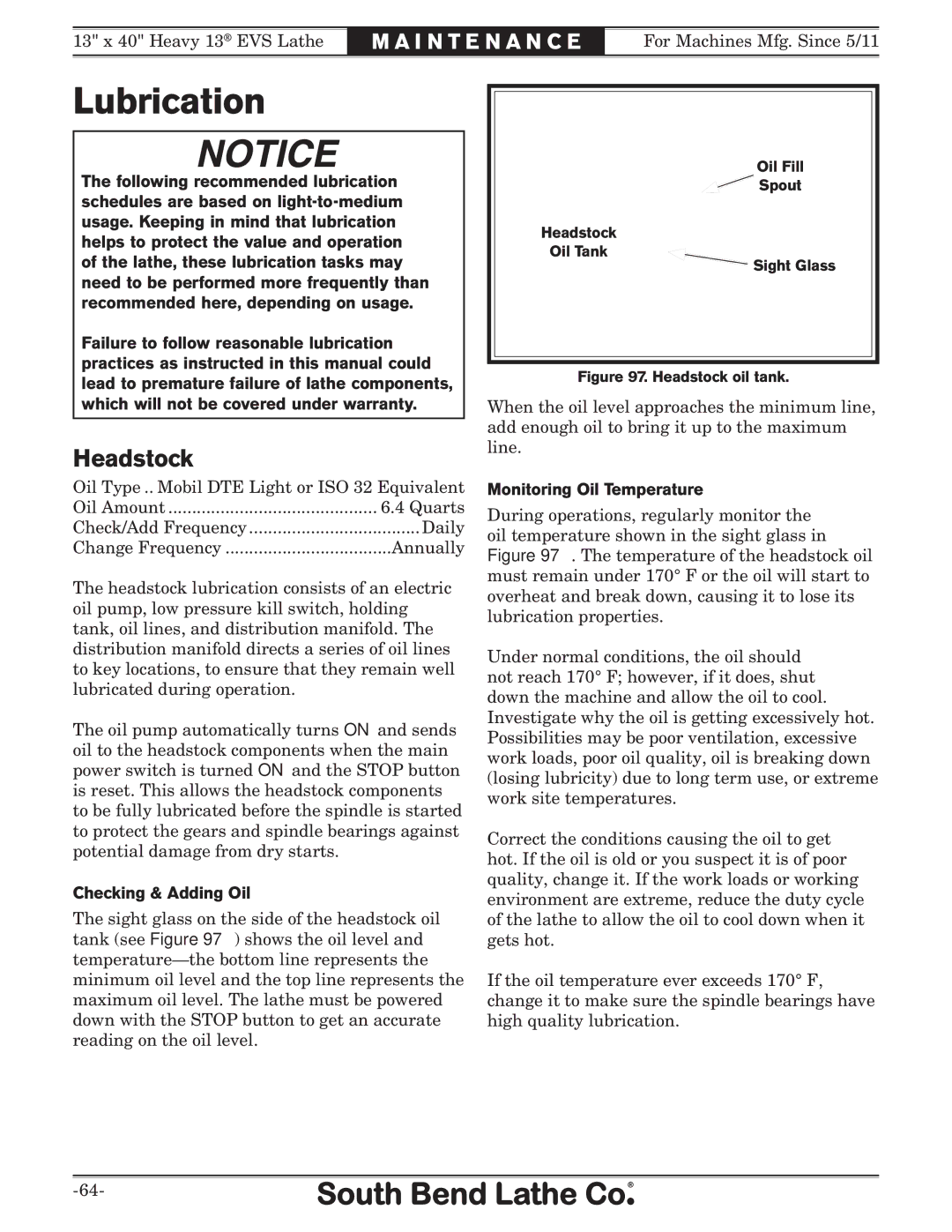 Southbend SB1051 owner manual Lubrication, Headstock, Checking & Adding Oil, Monitoring Oil Temperature 