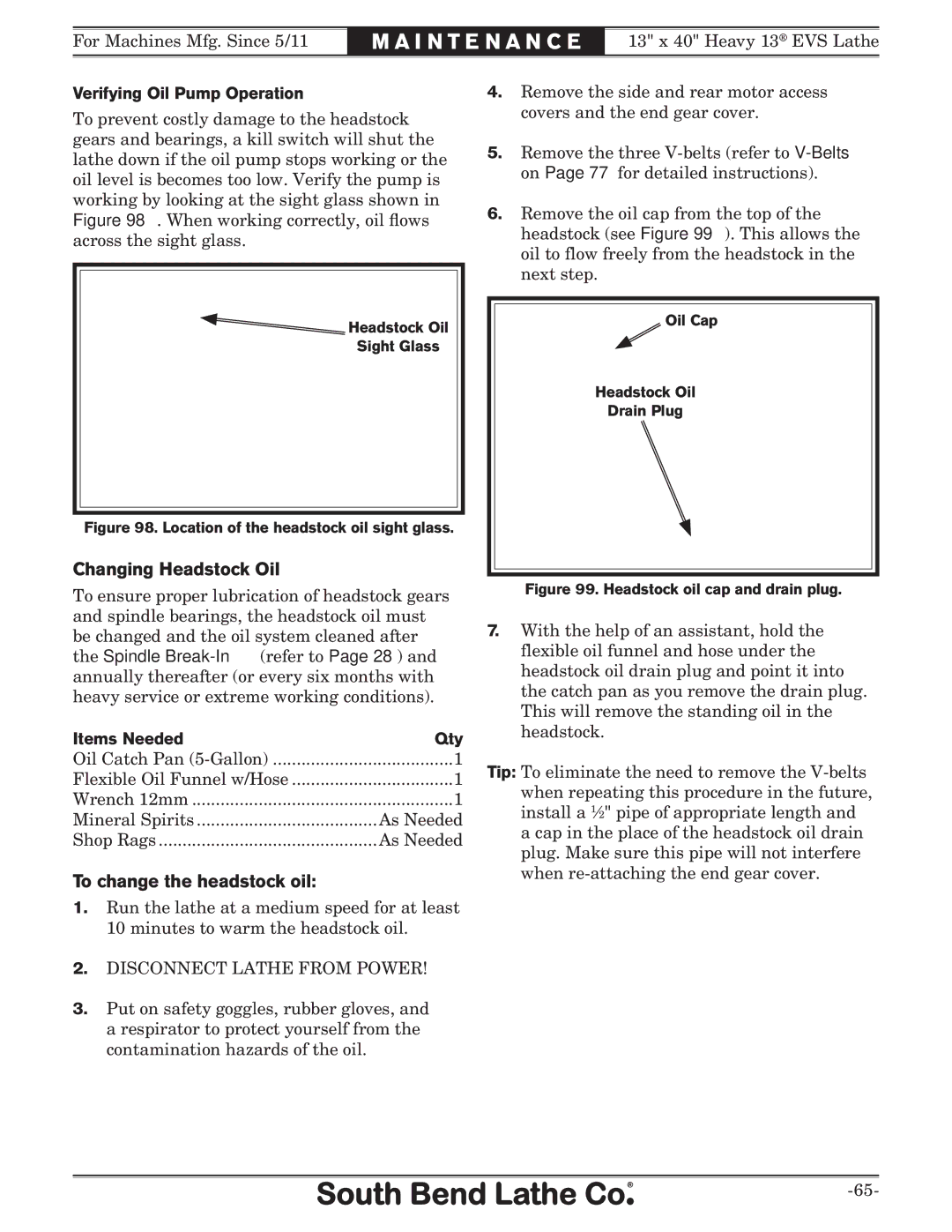 Southbend SB1051 owner manual Changing Headstock Oil, To change the headstock oil, Verifying Oil Pump Operation 