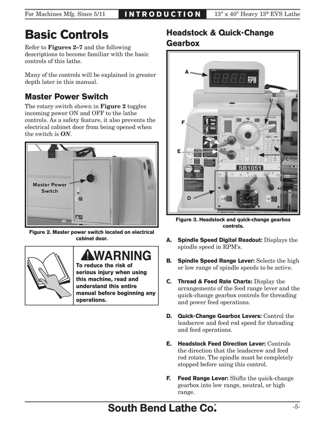 Southbend SB1051 owner manual Basic Controls, Master Power Switch, Headstock & Quick-Change 