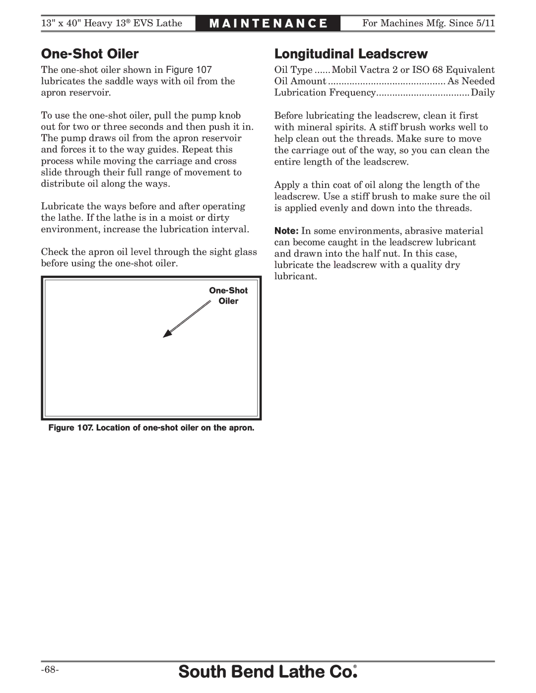 Southbend SB1051 owner manual One-Shot Oiler, Longitudinal Leadscrew 