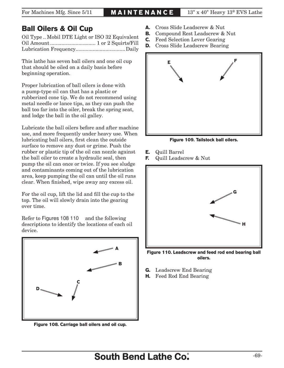 Southbend SB1051 owner manual Ball Oilers & Oil Cup, Tailstock ball oilers 