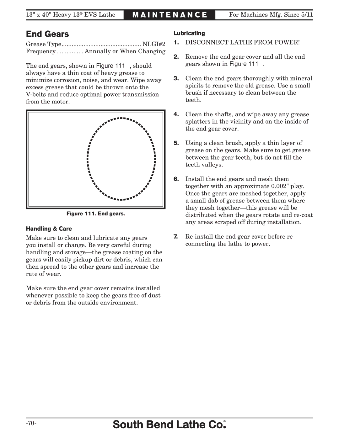 Southbend SB1051 owner manual End Gears, Handling & Care, Lubricating 