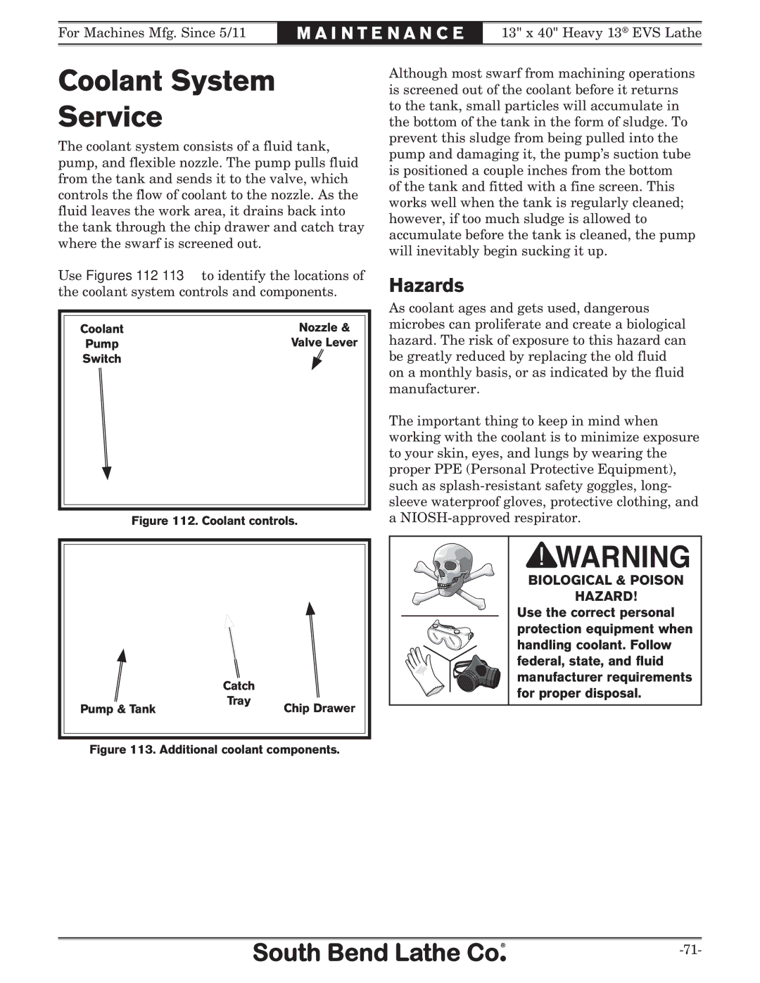 Southbend SB1051 owner manual Coolant System Service, Hazards 