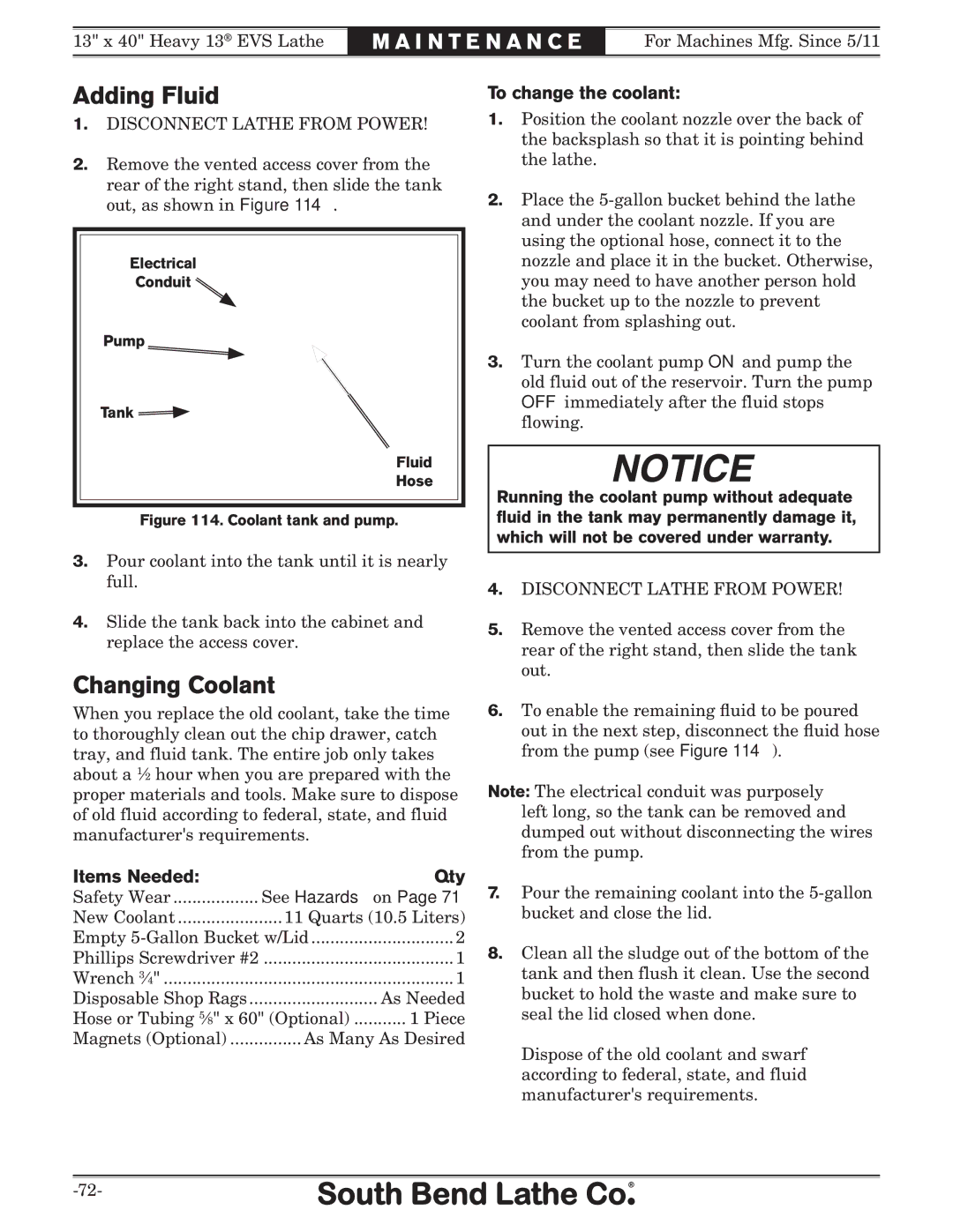 Southbend SB1051 owner manual Adding Fluid, Changing Coolant, Items Needed Qty, To change the coolant 