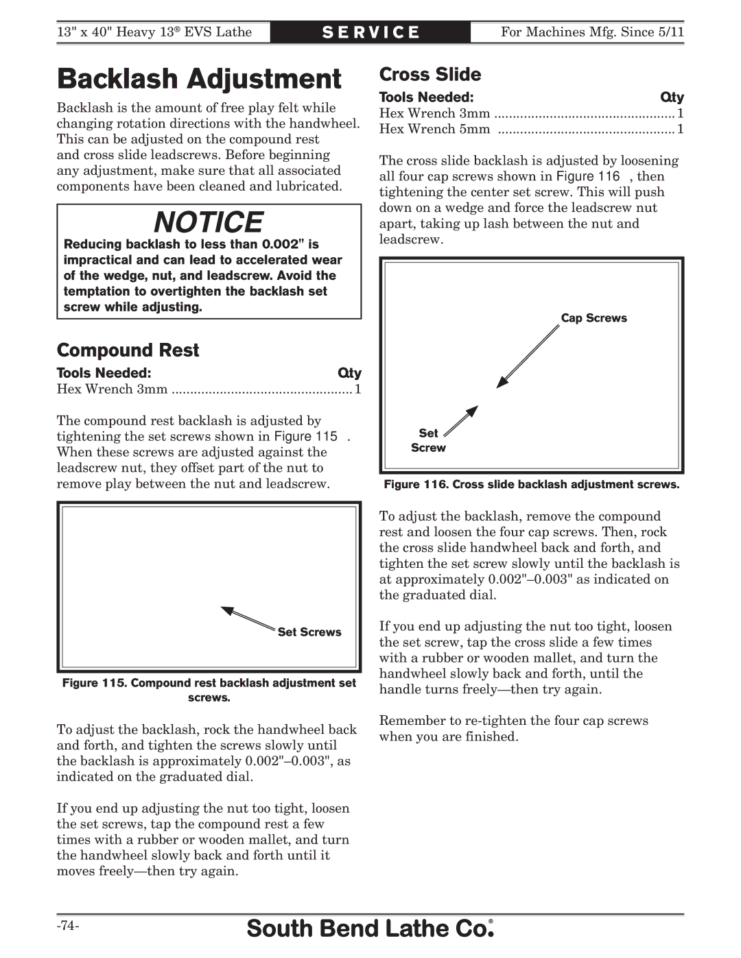 Southbend SB1051 owner manual Backlash Adjustment, Compound Rest, Cross Slide 