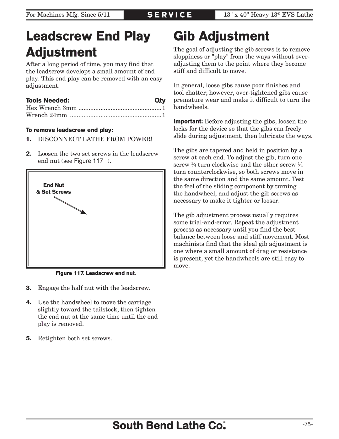 Southbend SB1051 owner manual Leadscrew End Play Adjustment, Gib Adjustment, To remove leadscrew end play 