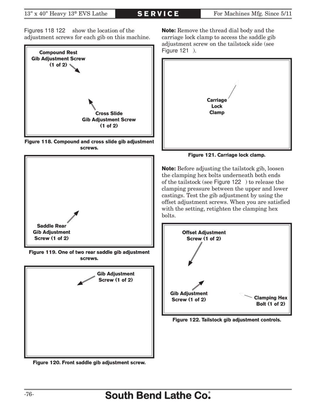 Southbend SB1051 owner manual Front saddle gib adjustment screw Carriage Lock Clamp 