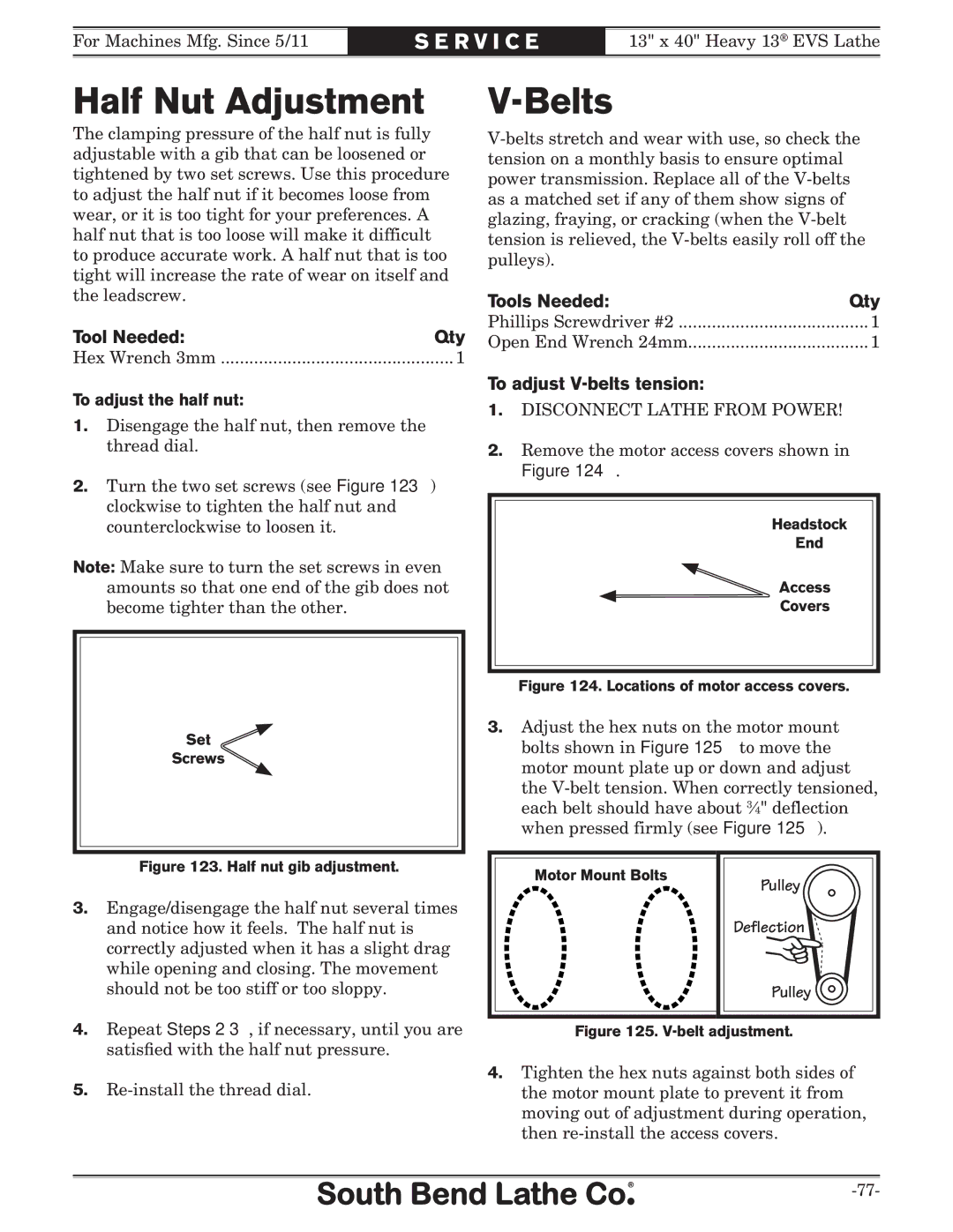 Southbend SB1051 Half Nut Adjustment, Belts, To adjust V-belts tension, To adjust the half nut, Pulley Deflection 