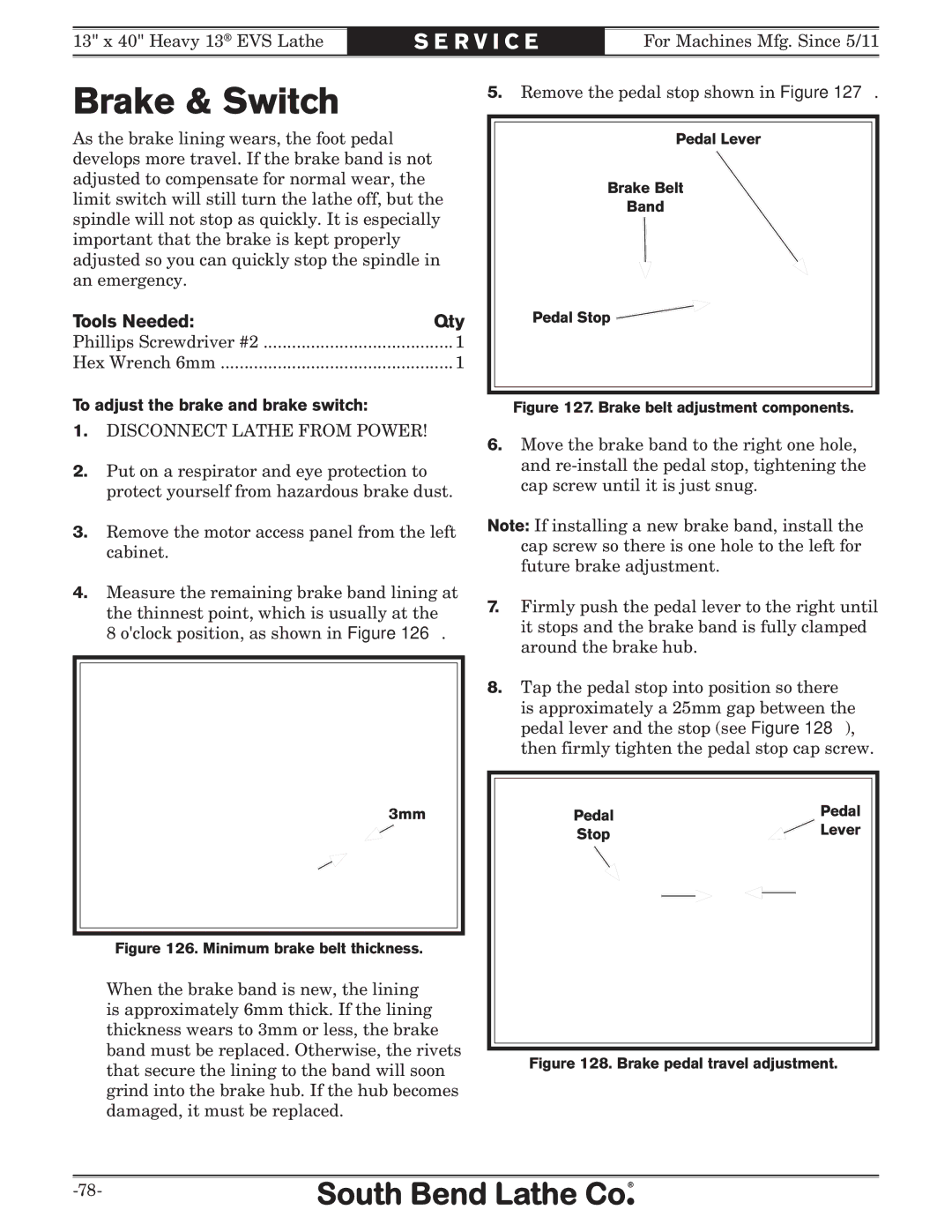 Southbend SB1051 owner manual Brake & Switch, To adjust the brake and brake switch 