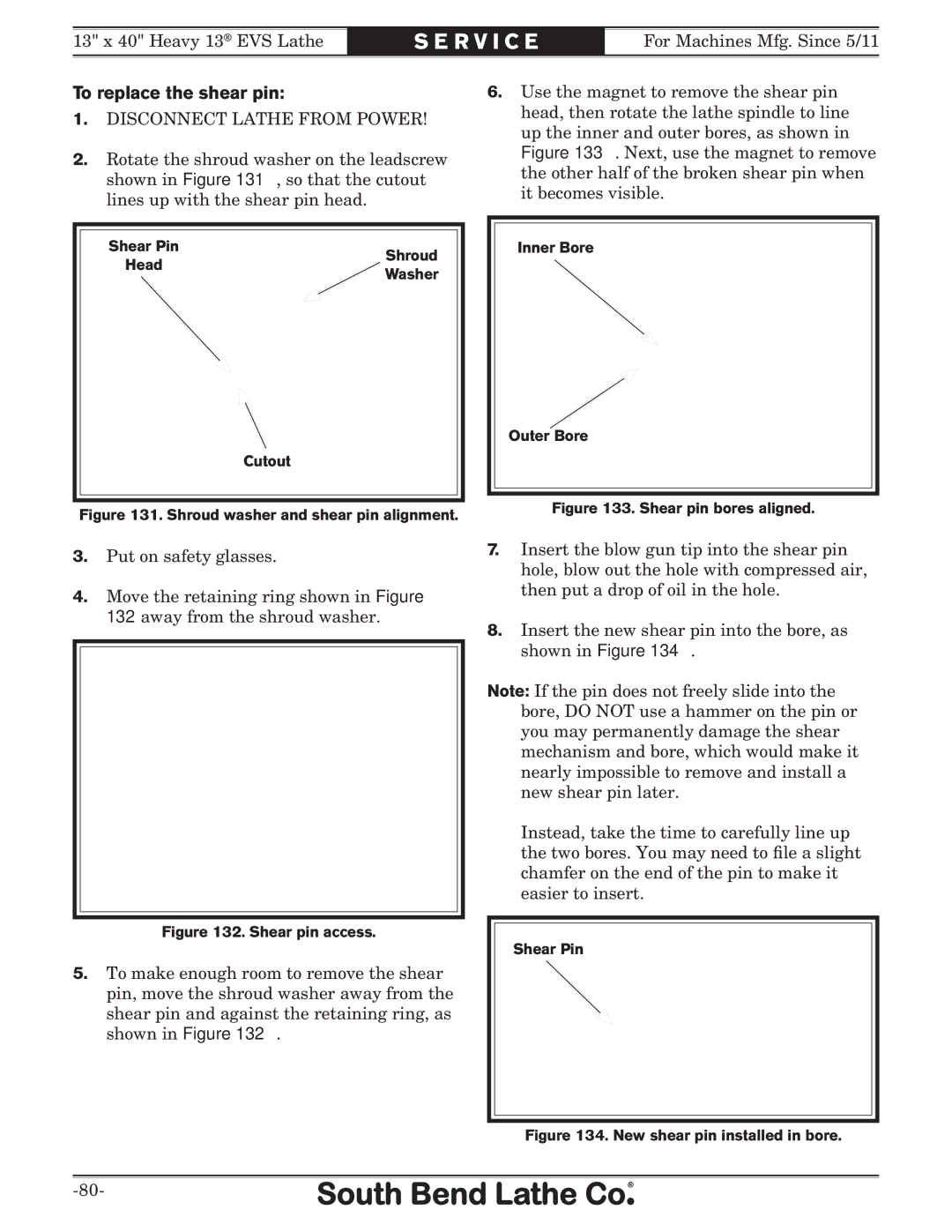 Southbend SB1051 owner manual To replace the shear pin, Shroud washer and shear pin alignment 