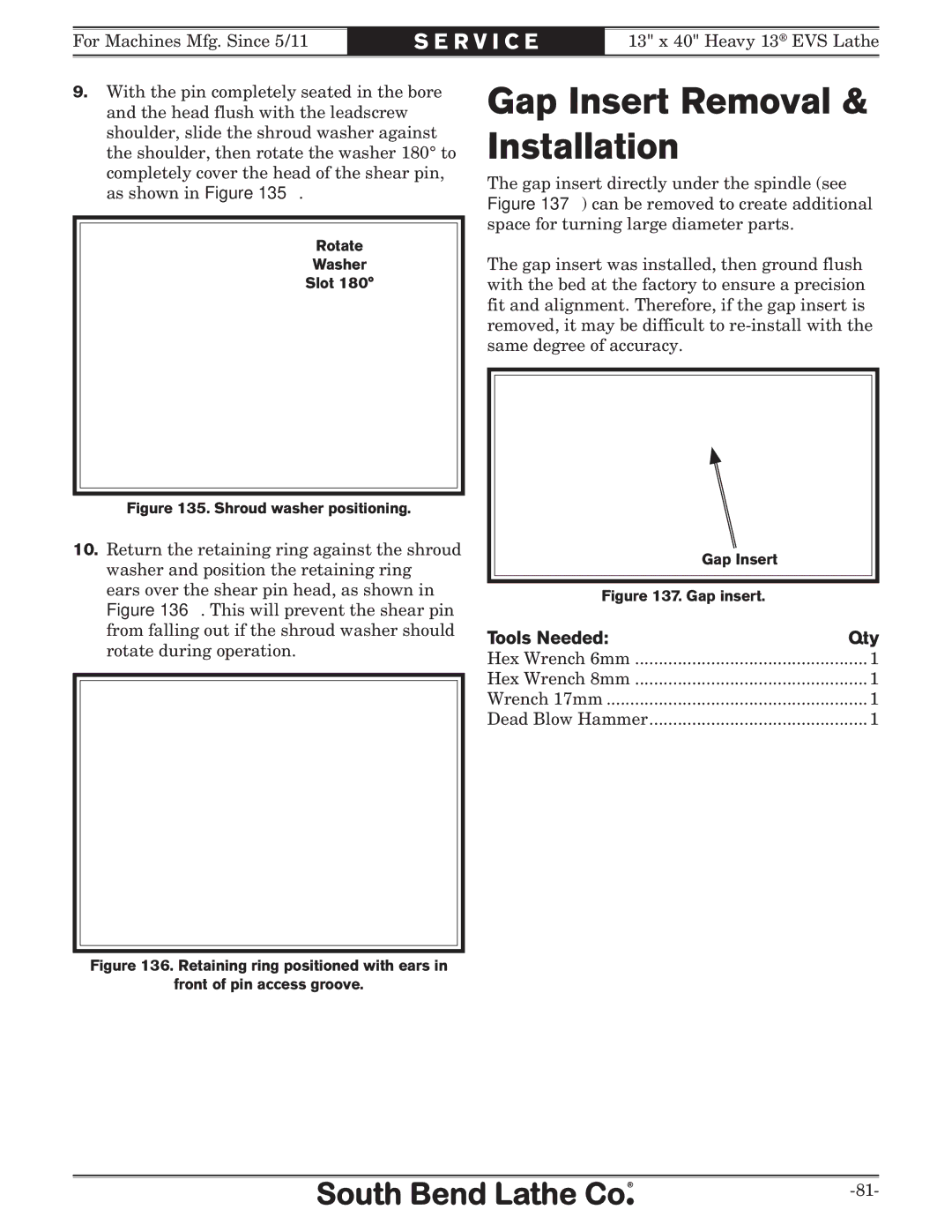 Southbend SB1051 owner manual Gap Insert Removal & Installation, Shroud washer positioning 