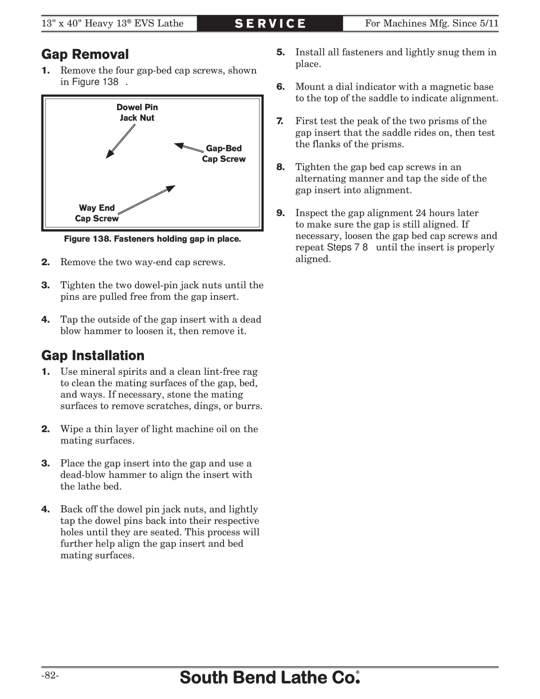 Southbend SB1051 owner manual Gap Removal, Gap Installation 