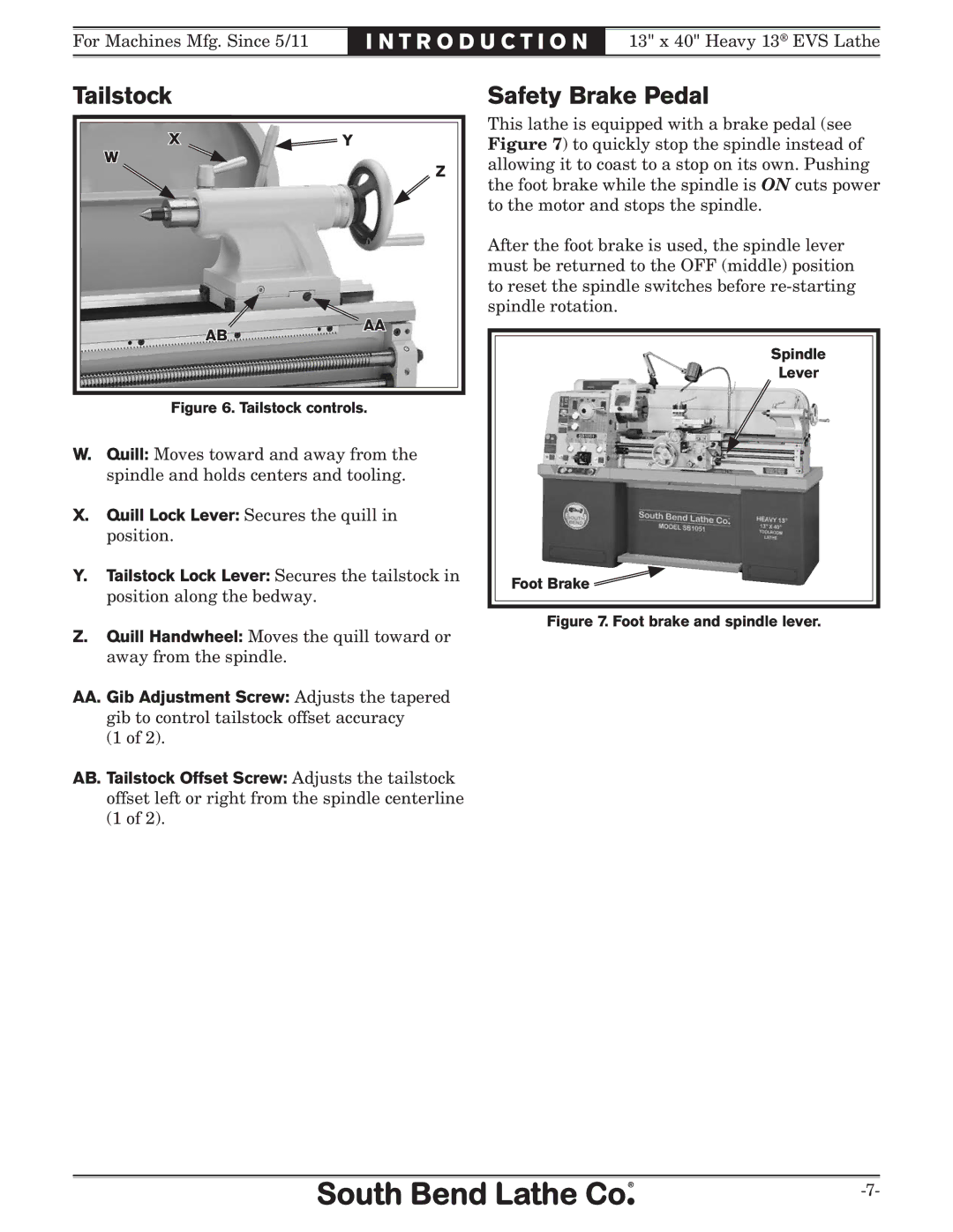 Southbend SB1051 owner manual Tailstock Safety Brake Pedal, Tailstock controls 