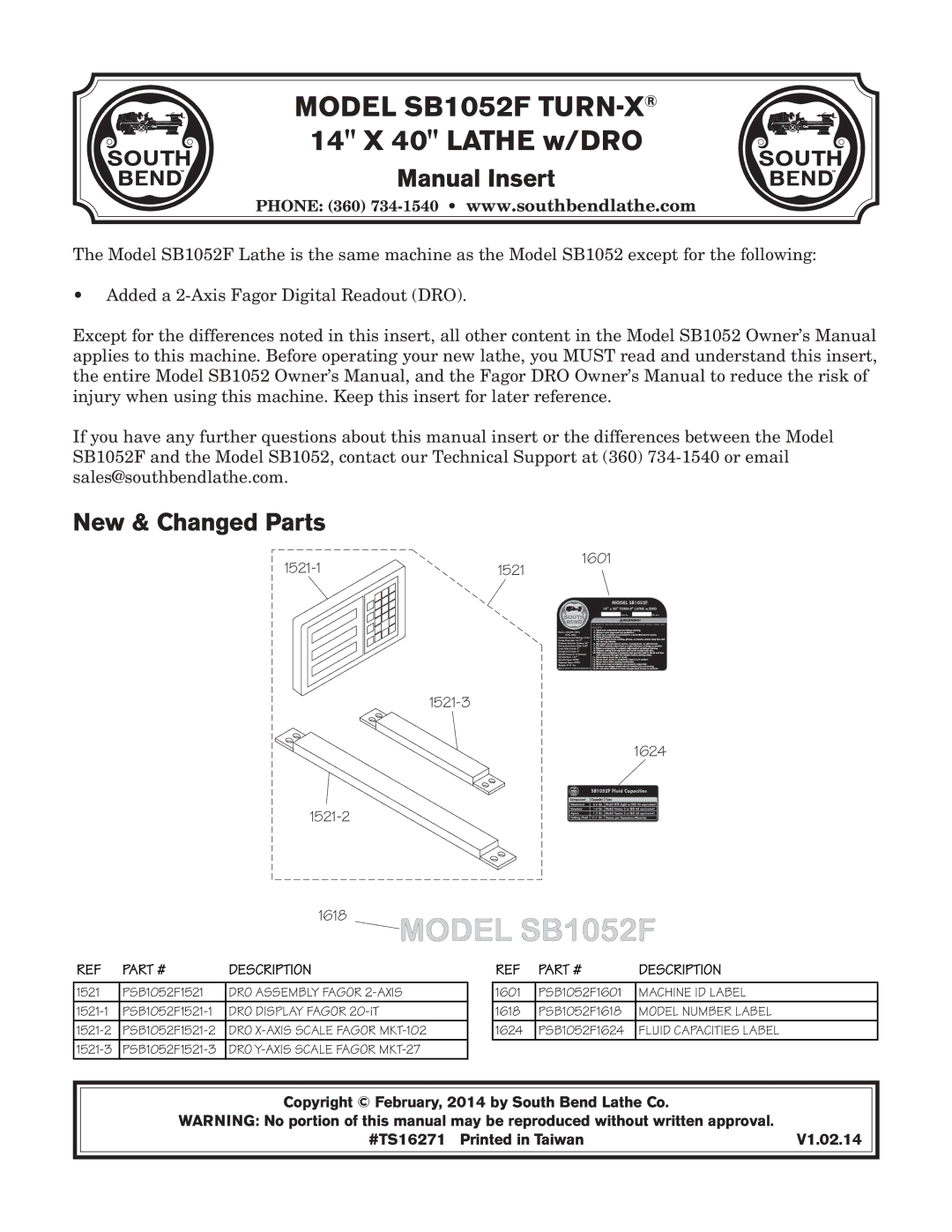 Southbend SB1052F TURN-X owner manual Manual Insert, New & Changed Parts 