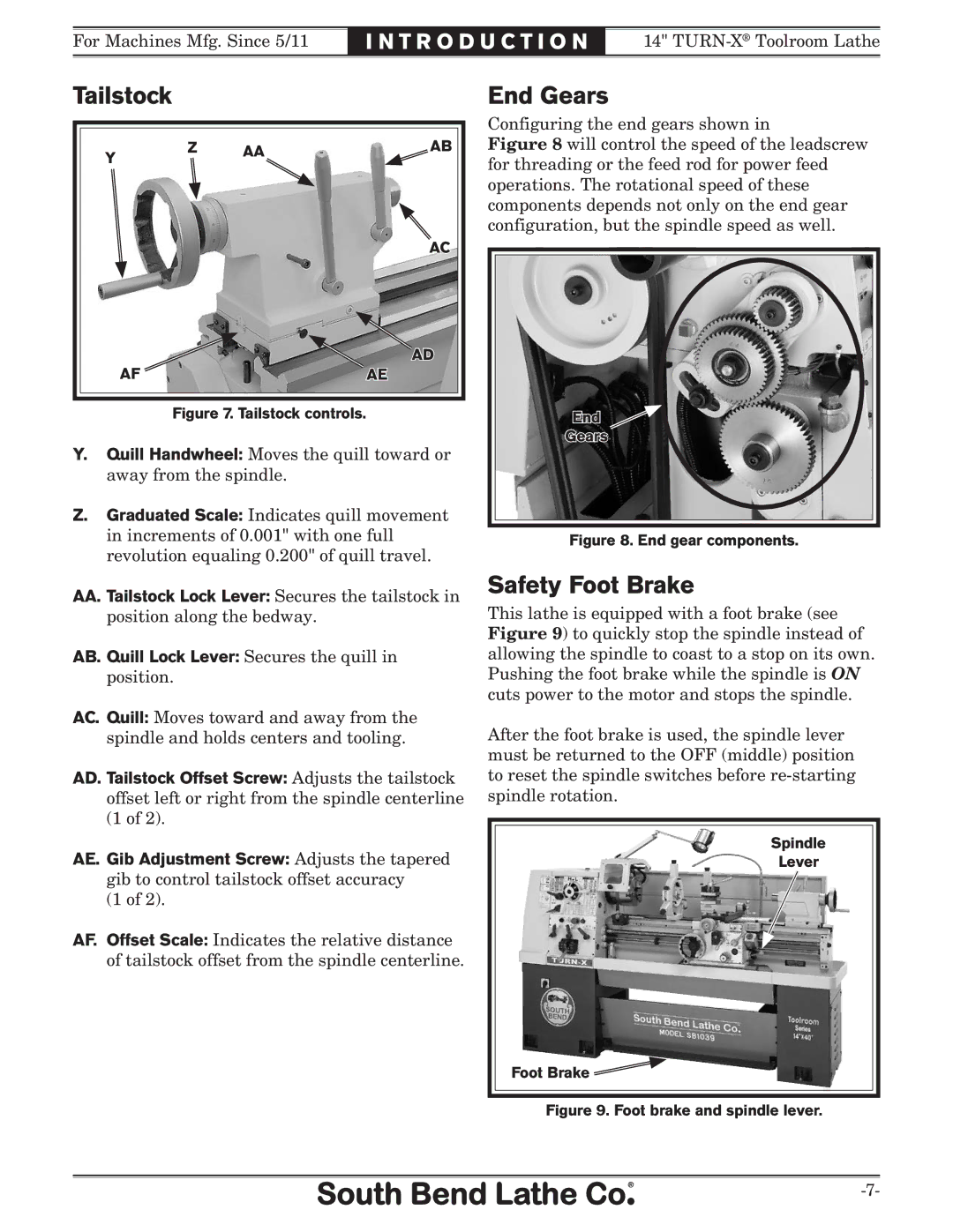 Southbend SB1052F TURN-X owner manual Tailstock, End Gears, Safety Foot Brake 