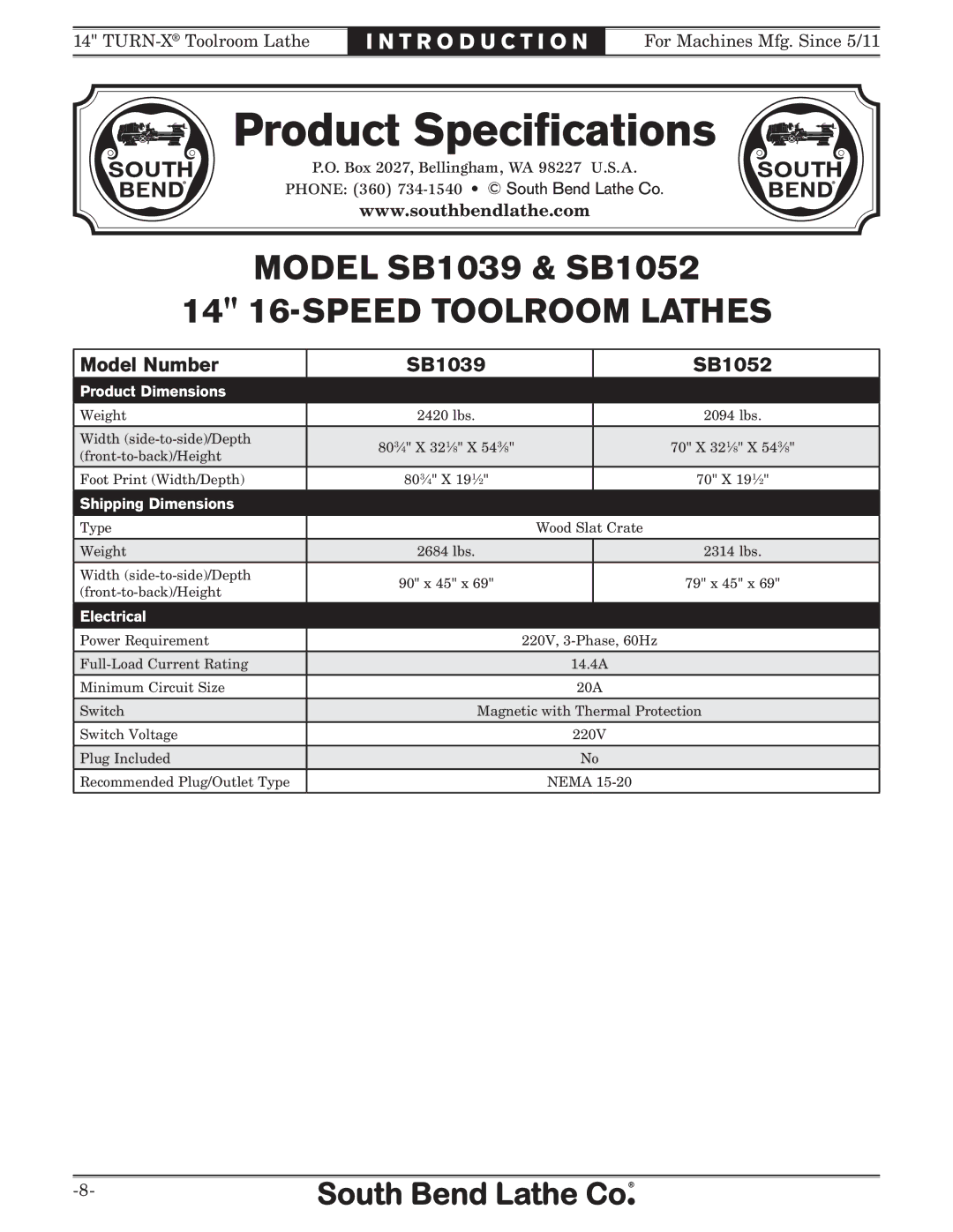 Southbend SB1052F TURN-X owner manual Product Specifications 